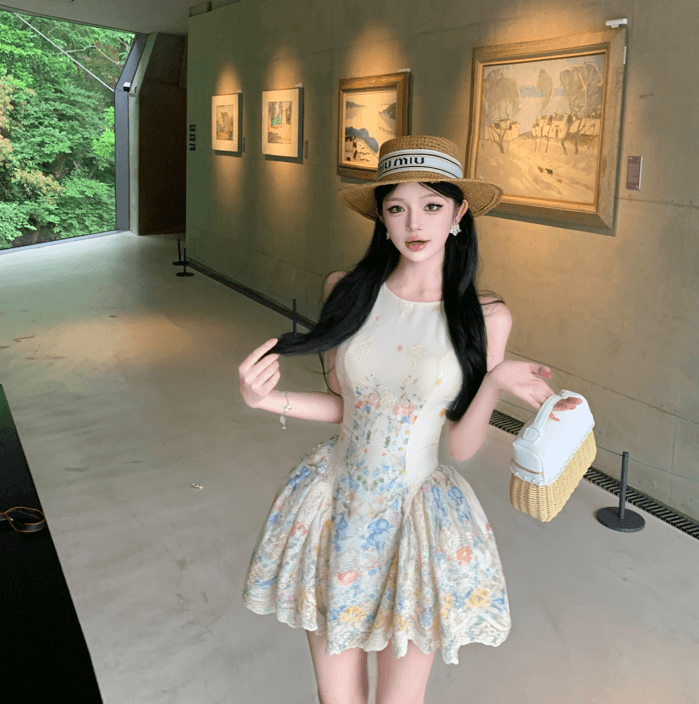 실사 앨리스 꿈 나라 행침 목 여성 드레스 여름 디자인 센스 프린트 휴가 바람 허리 수축 치마 이미지 2