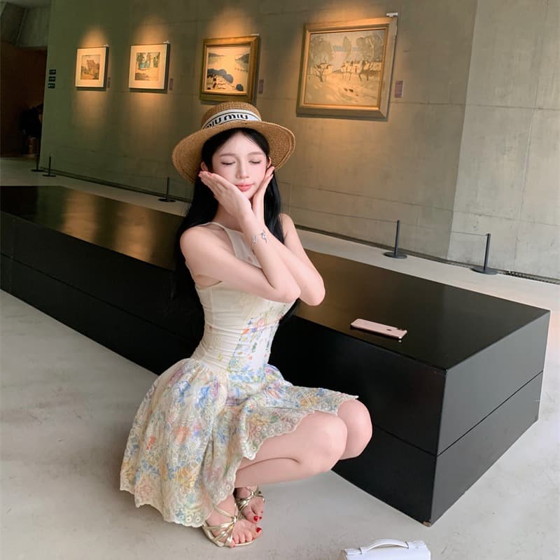 실사 앨리스 꿈 나라 행침 목 여성 드레스 여름 디자인 센스 프린트 휴가 바람 허리 수축 치마 이미지 6