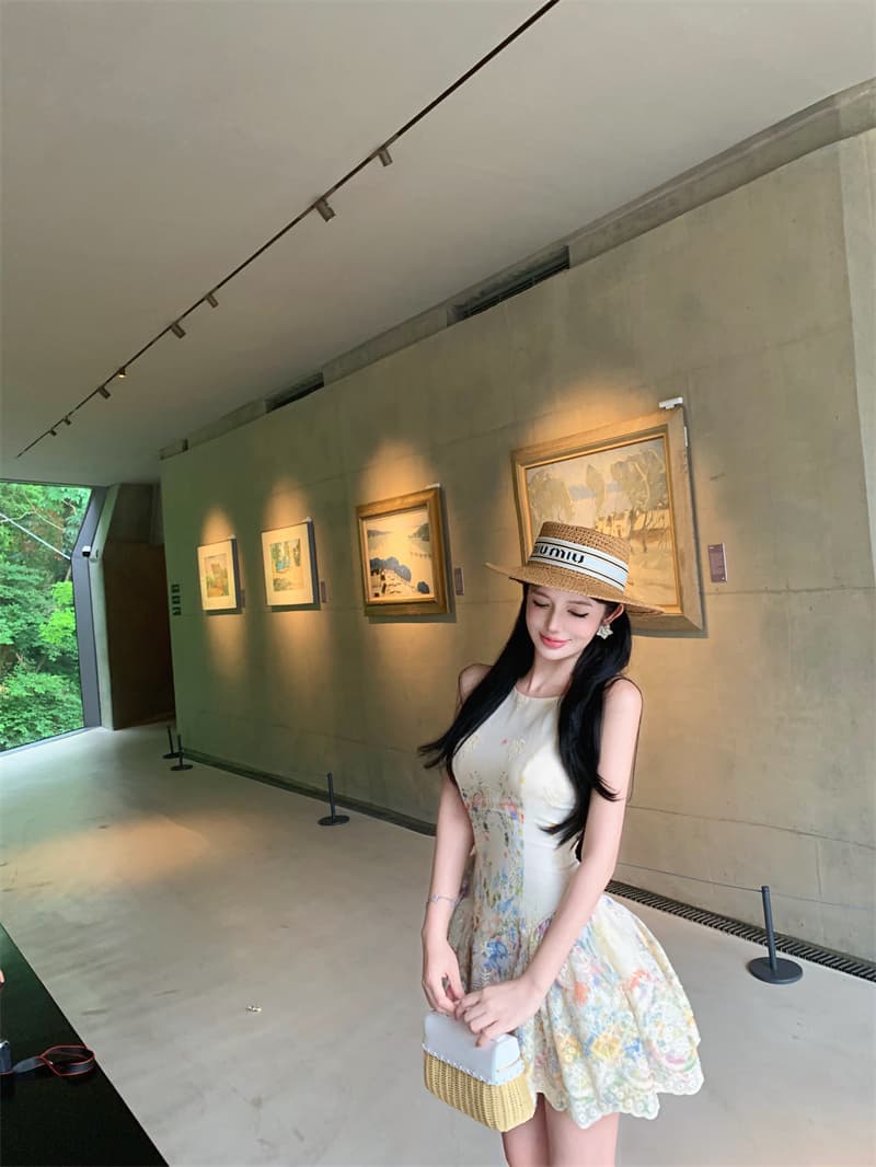 실사 앨리스 꿈 나라 행침 목 여성 드레스 여름 디자인 센스 프린트 휴가 바람 허리 수축 치마 상세 이미지 1