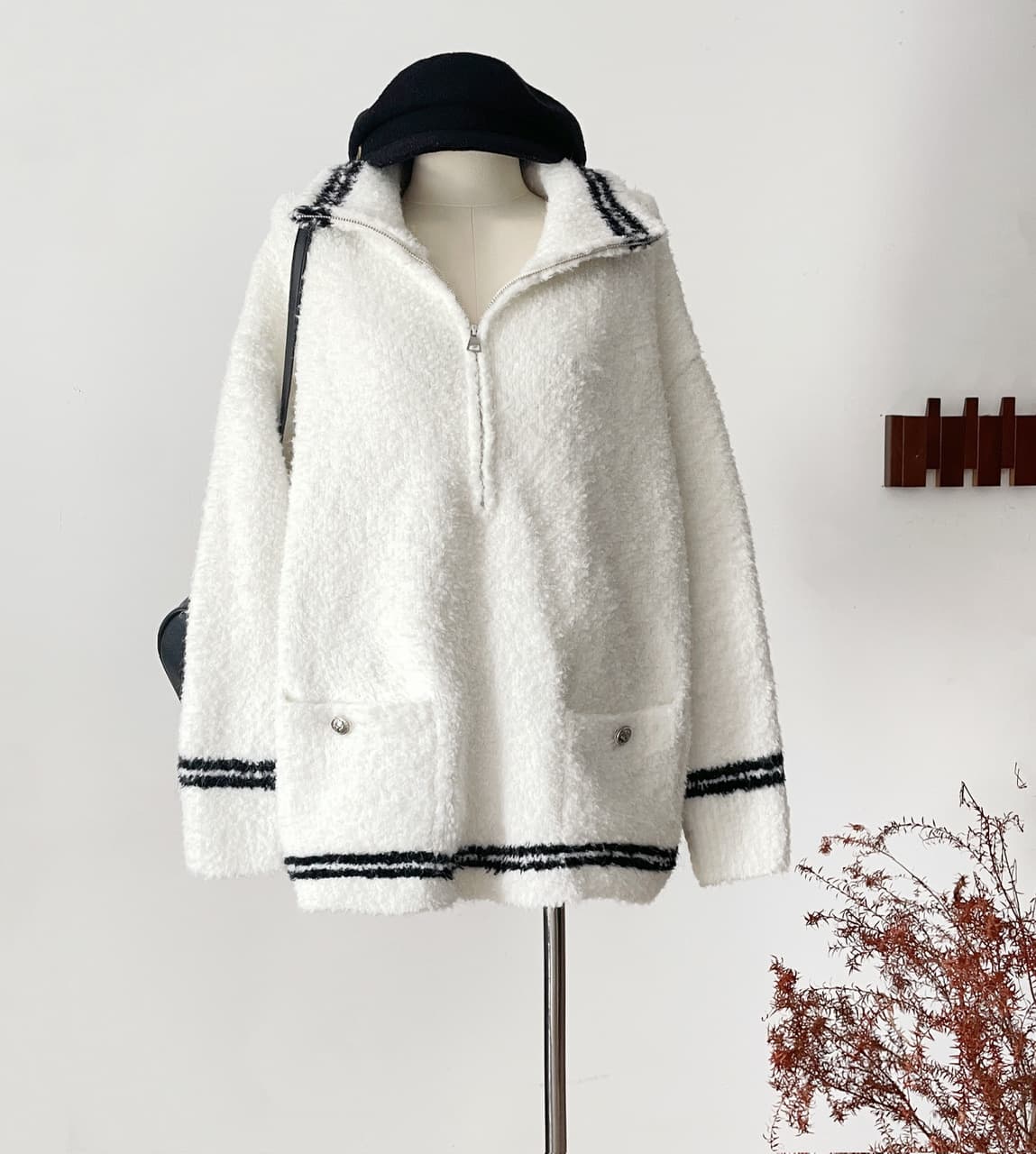 서클 cooky 향기로운 홈 공주 가을 겨울 느슨함 센스 분위기 해군 스타일 폴로 칼라 루즈핏 배색 반 개방 스웨터 상세 이미지 8