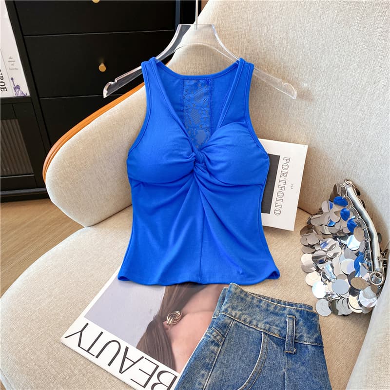 실사 아름다운 비틀림 V넥 캐미솔 여름 디자인 센스 뒤로 레이스 홀로우 아웃 핫걸 맨위 상세 이미지 5