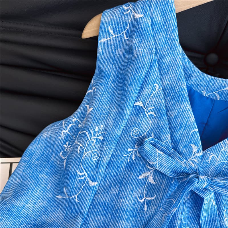 실사 지금 프랑스식 달콤함 톰 글 래 원인 블루 V넥 나비 매듭 꽃무늬 캐미솔 여름 연령 감소 루즈핏 맨위 상세 이미지 4
