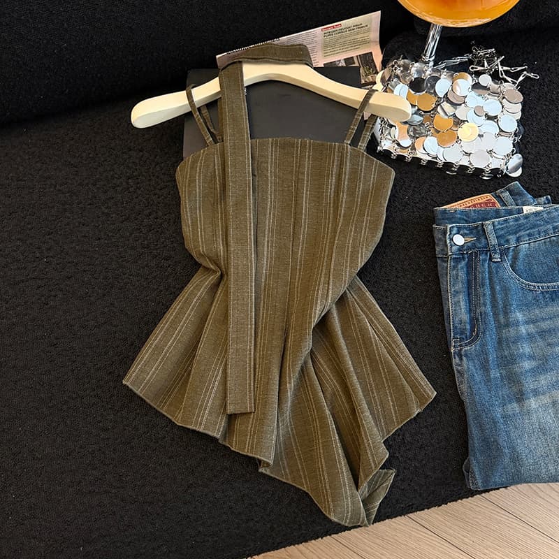 실사 지금 여름 스트라이프 아마 고급 슬립 프랑스식 레트로 불규칙 슬립 상세 이미지 14