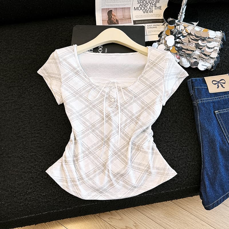 실사 지금 페이크 레이어드 반팔 티셔츠 순수한 욕망 달콤한 매운맛 쇼트 스타일 수신 Pleat 레이스 레이스 끈 패치워크 맨위 상세 이미지 12