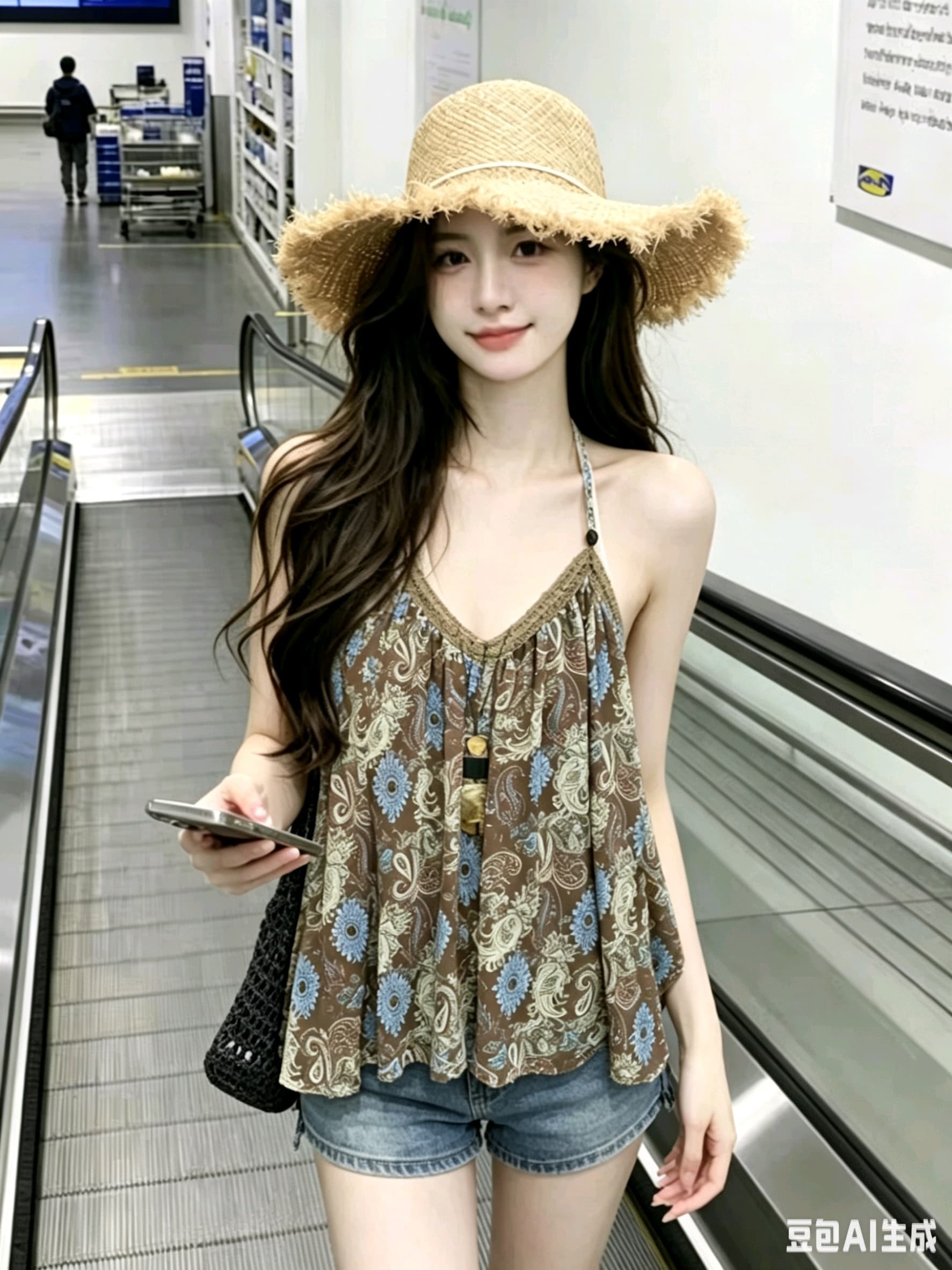 실사 지금 휴가 바람 보헤미안 프린트 캐미솔 2026 여름 새로운 행침 목 비즈 백리스 상세 이미지 3