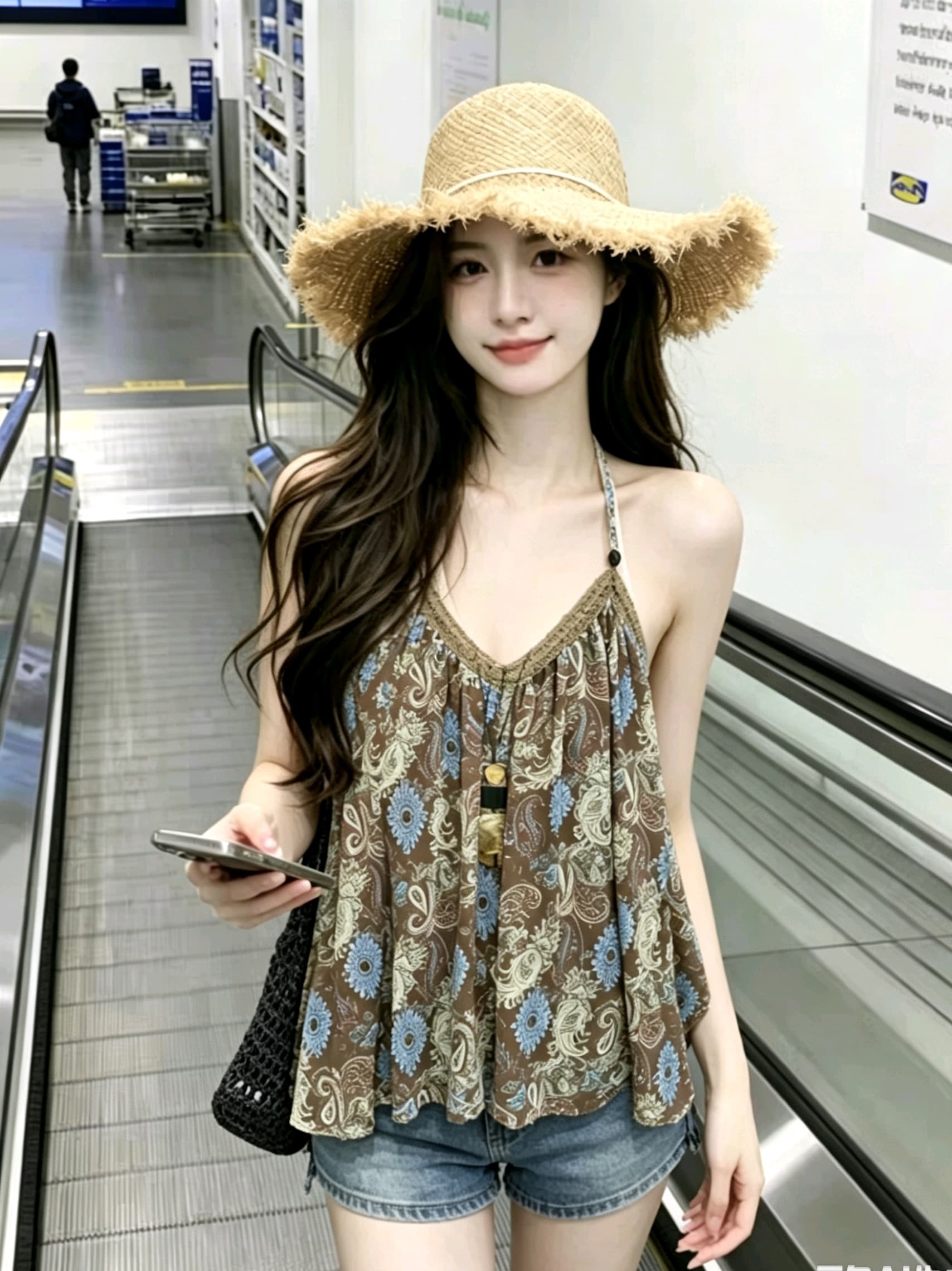 실사 지금 휴가 바람 보헤미안 프린트 캐미솔 2026 여름 새로운 행침 목 비즈 백리스 이미지 3