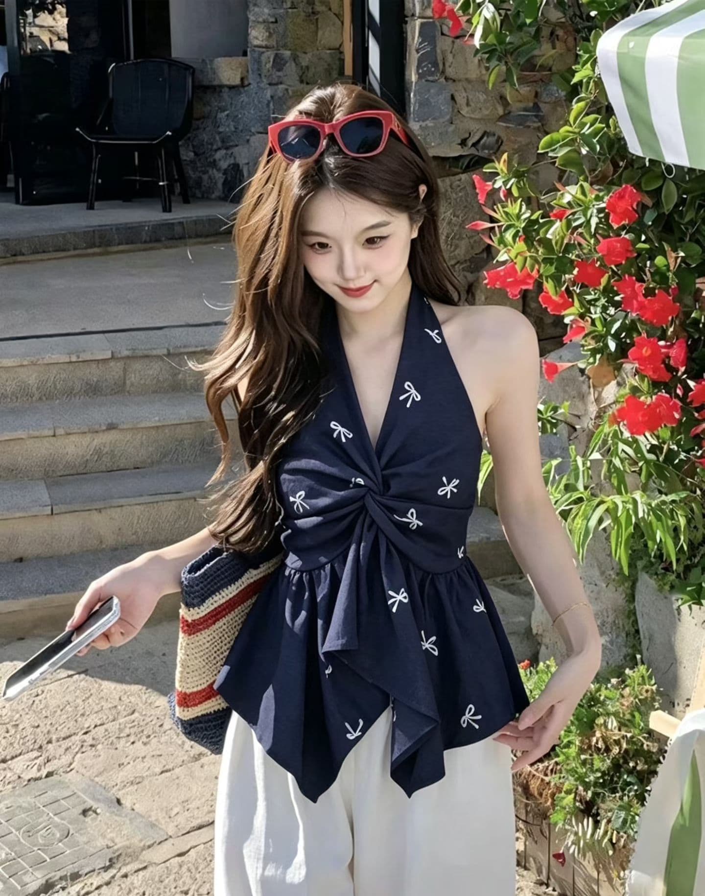 아메리칸 나비 매듭 자수 V넥 매듭 민소매 맨위 여성 여름 데님 블루 행침 목 캐미솔 셔츠 트렌디