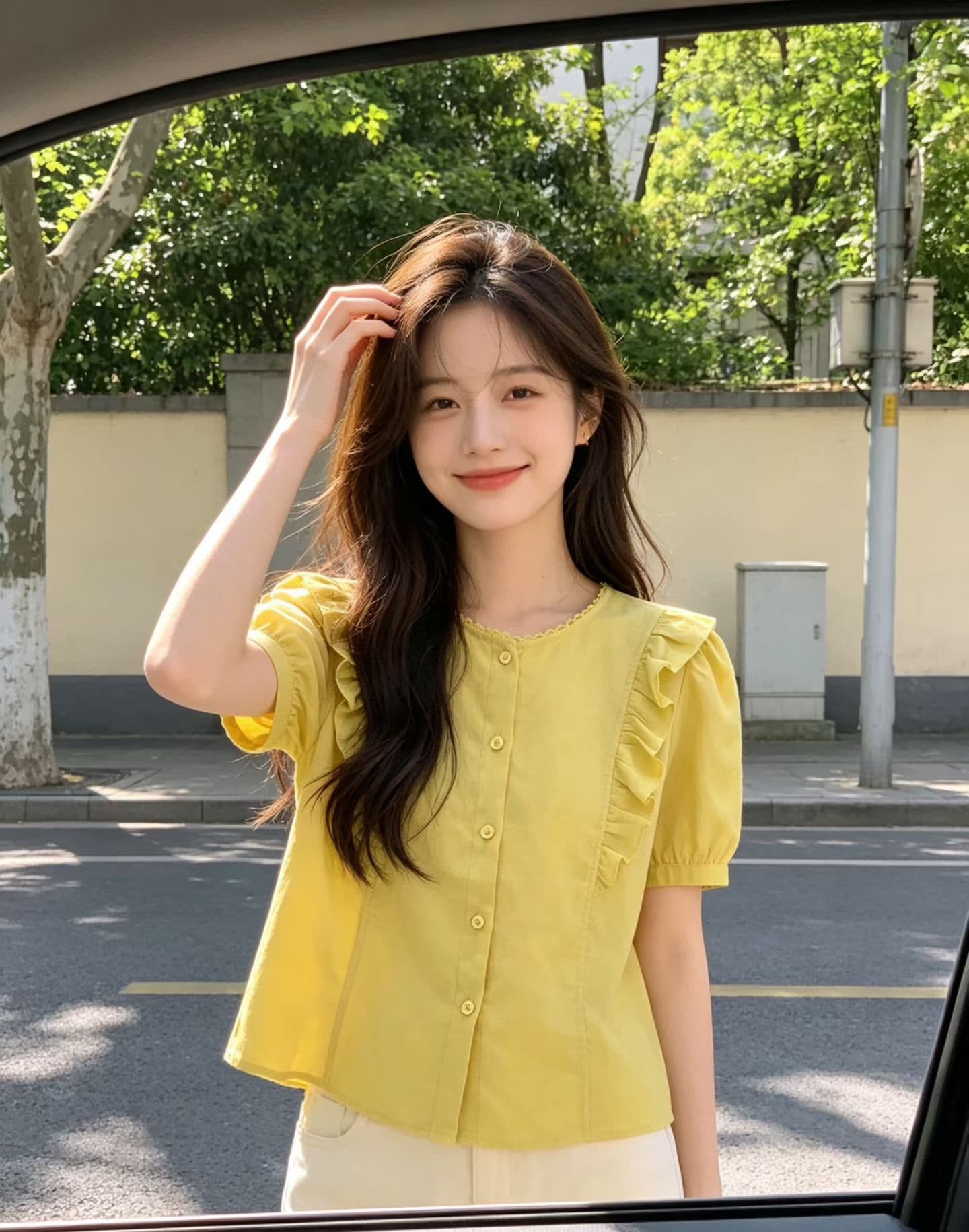 실사 지금 프랑스식 프릴 거품 소매 여성 셔츠 여름 레이스 라운드 넥 싱글 줄 버튼 슬림해 보이는 맨위 상세 이미지 4