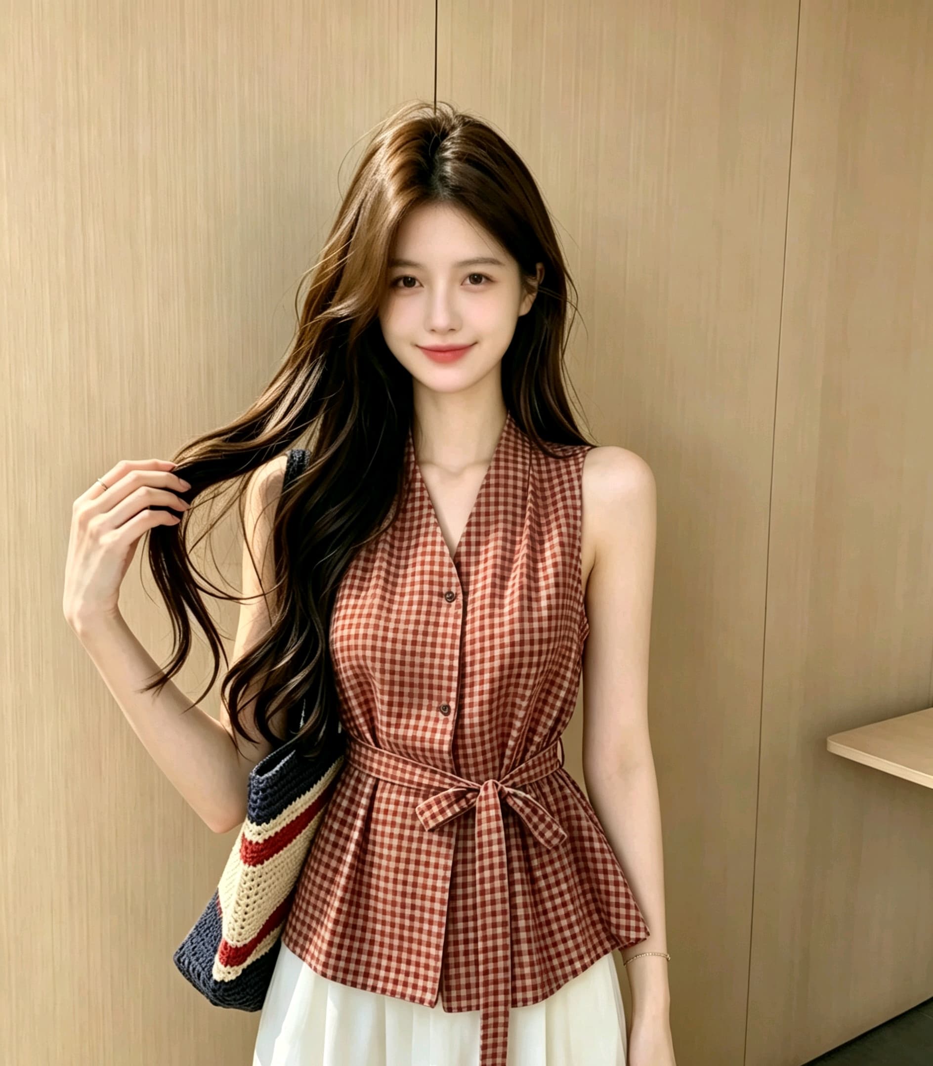 실사 지금 빨간색 체크무늬 베스트 맨위 슬림해 보이는 다용도 벨트 맨위