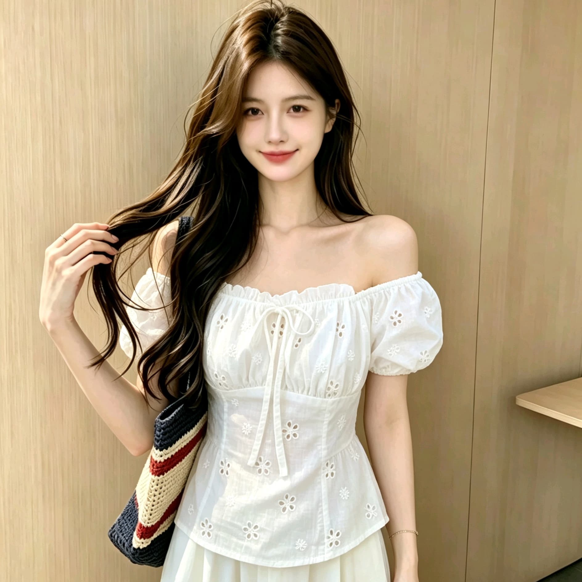 순면 프랑스식 연령 감소 거품 소매 여성 셔츠 2026 년 여름 새로운 오프숄더 홀로우 아웃 셔츠 이미지 4