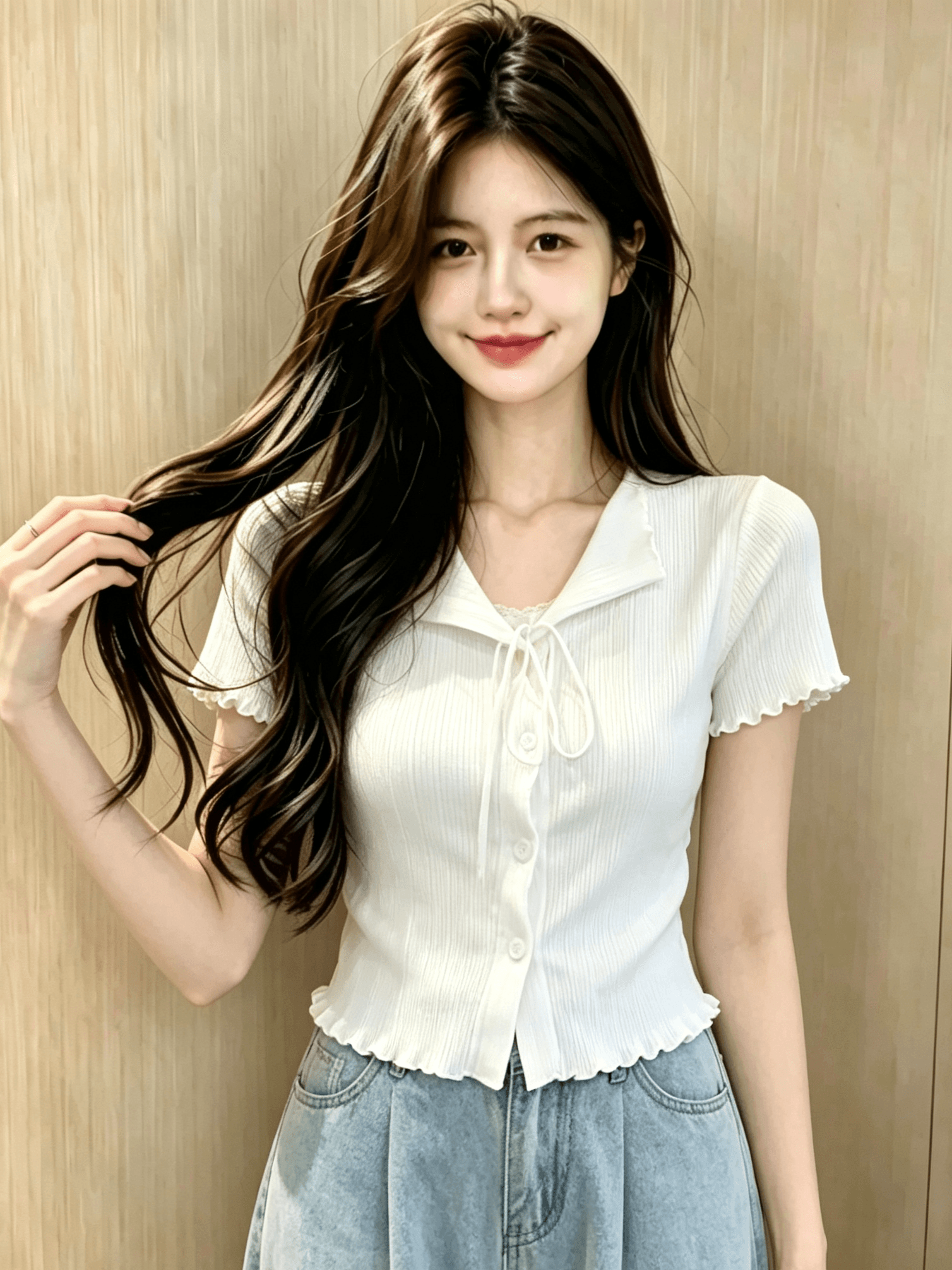 2026 여름 티셔츠 라운드 넥 레이스 측면 나비 매듭 페이크 레이어드 순면 디자인 센스 외국 가스 반팔 여성 이미지 2