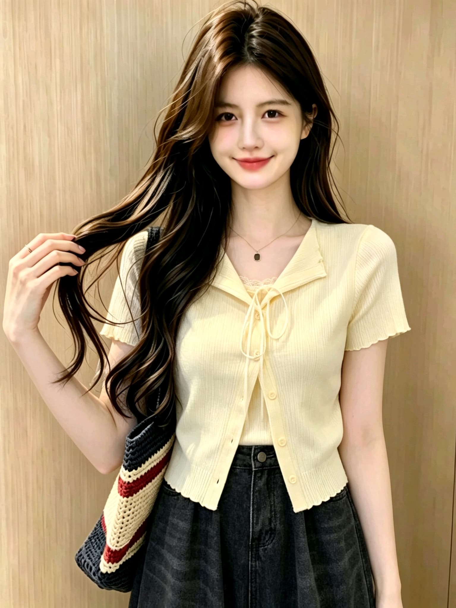 2026 여름 티셔츠 라운드 넥 레이스 측면 나비 매듭 페이크 레이어드 순면 디자인 센스 외국 가스 반팔 여성 상세 이미지 1