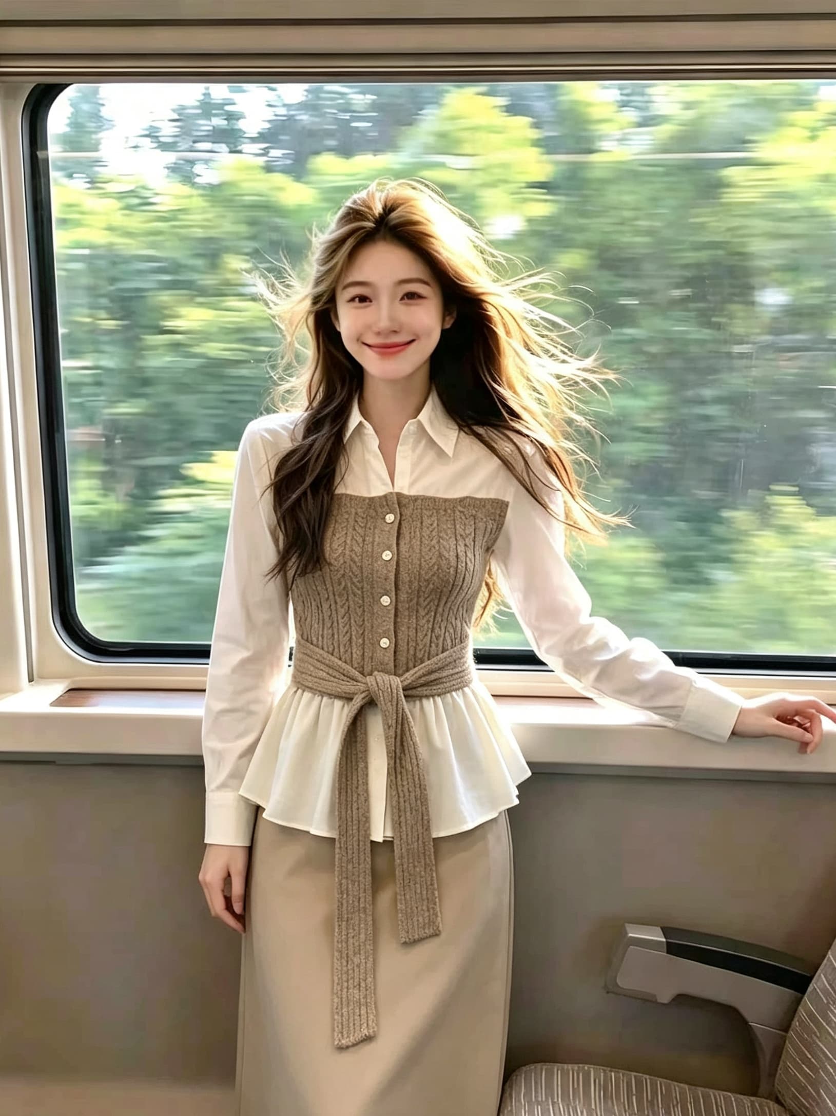 페이크 레이어드 꽈배기 니트 패치워크 POLO 칼라 긴팔 여성 셔츠 이른 가을 디자인 센스 스트랩 허리 수축 슬림해 보이는 맨위 이미지 3