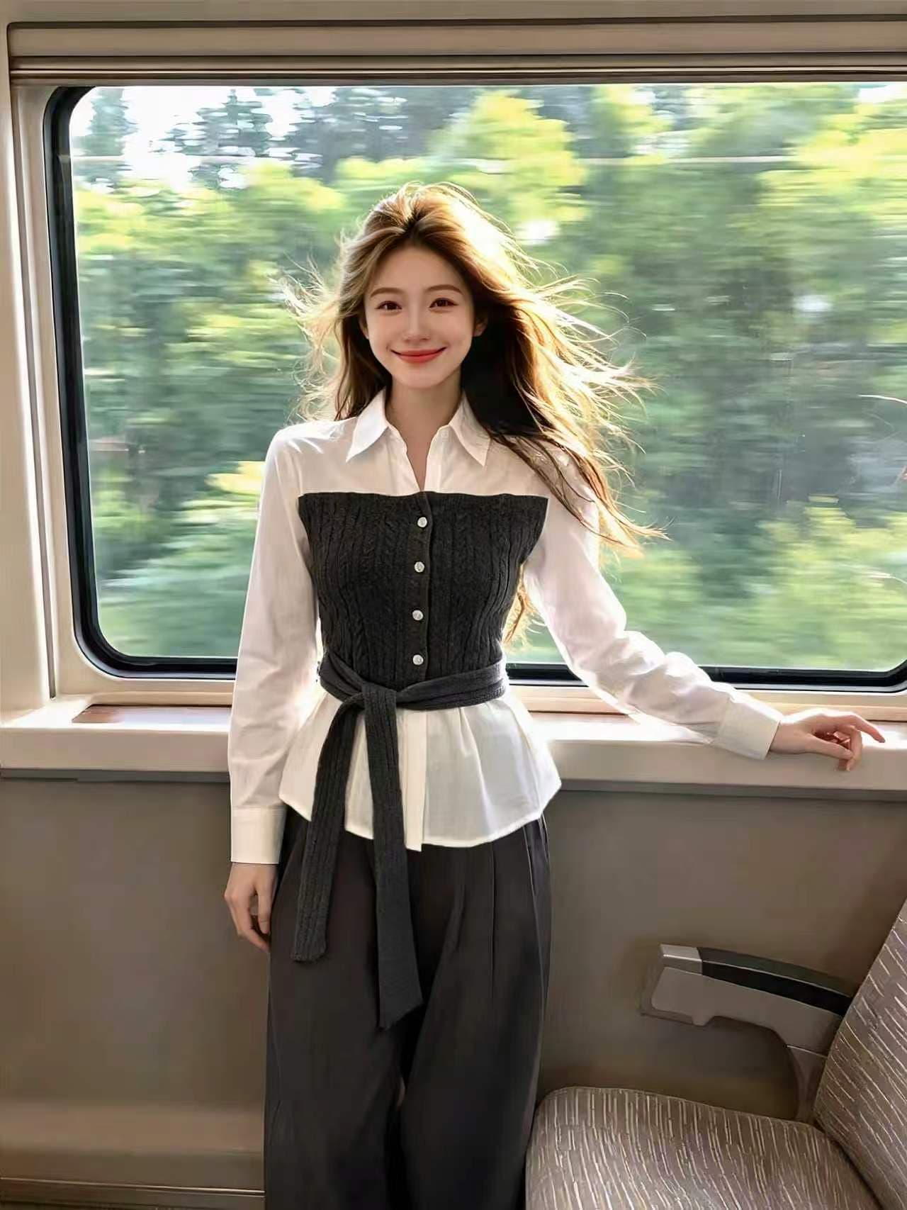 페이크 레이어드 꽈배기 니트 패치워크 POLO 칼라 긴팔 여성 셔츠 이른 가을 디자인 센스 스트랩 허리 수축 슬림해 보이는 맨위 상세 이미지 4