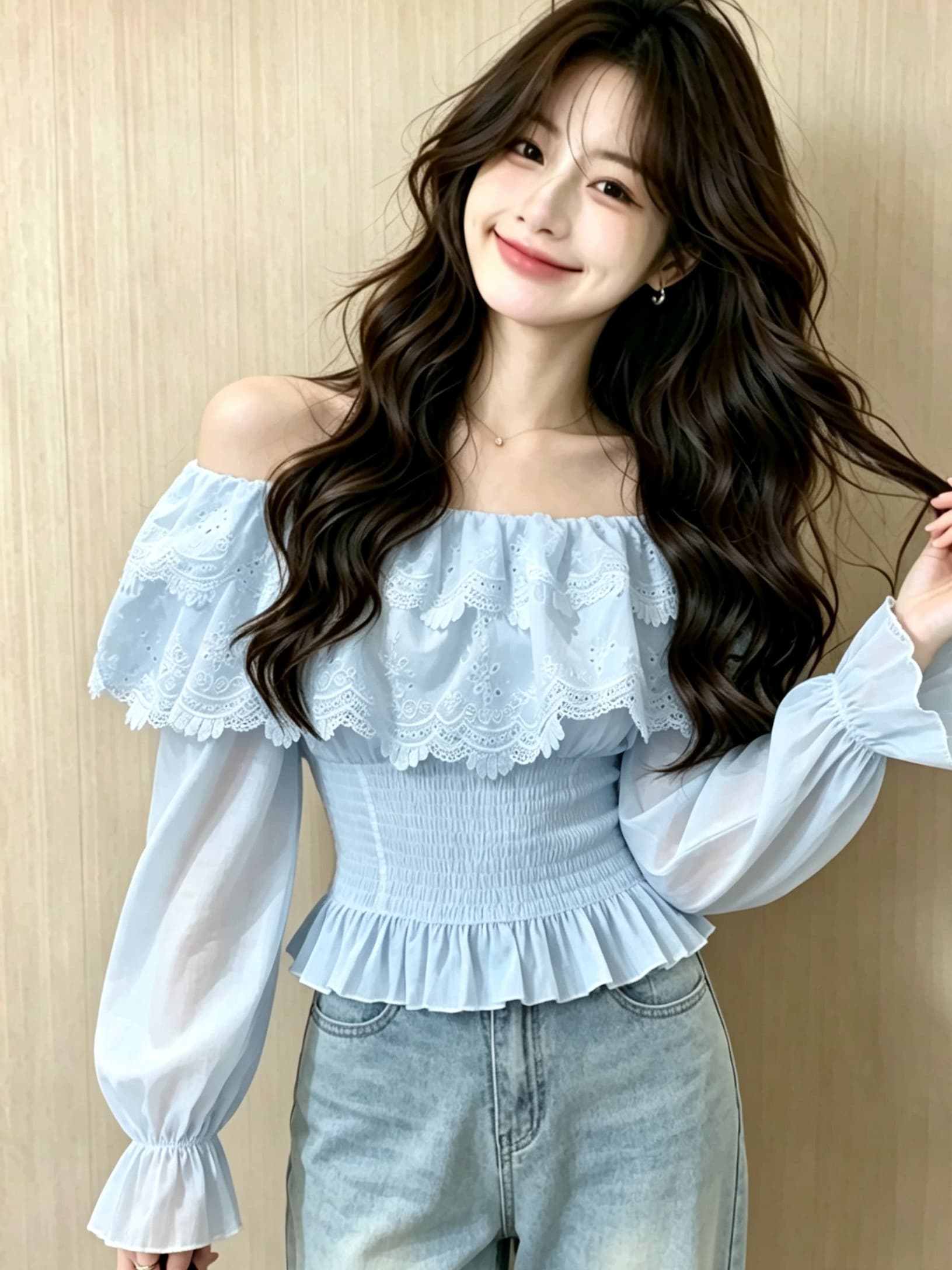 실사 프랑스식 오프숄더 프릴 칼라 셔츠 가을 새로운 작은 대중 디자인 센스 자수 쇼트 스타일 패션 맨위 이미지 2