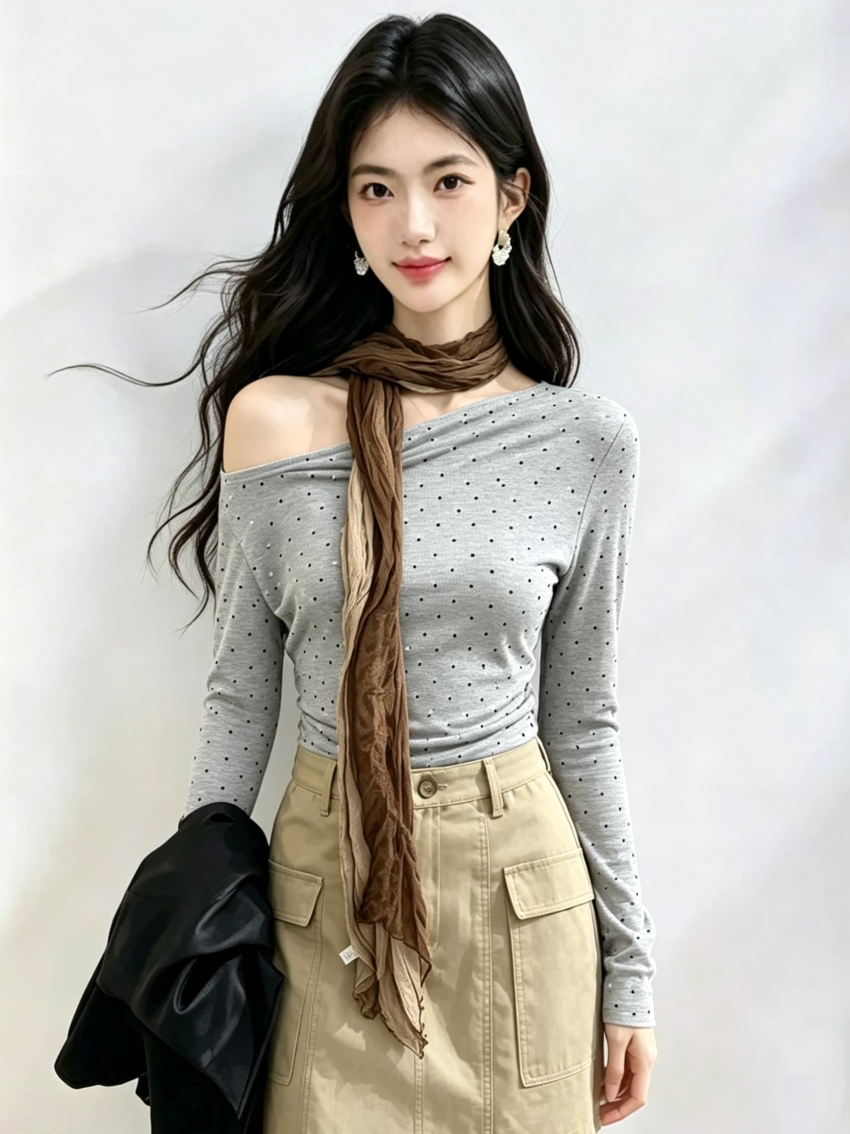 실사 지금 도트 무늬 오프숄더 긴팔 티셔츠 여성 경기 스카프 한국 스타일 핫걸 몸매 가꾸기 슬림해 보이는 기본 셔츠 맨위 트렌디 상세 이미지 3