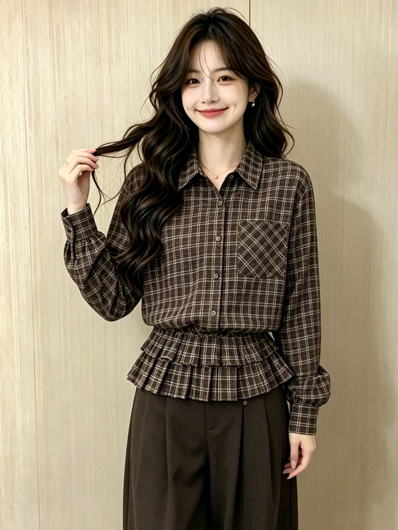 레트로 아름다움 라드. 체크무늬 프릴 밑단 디자인 허리 수축 여성 셔츠 가을 작은 대중 품격 프릴 수 있습니다. 철거 이미지 3