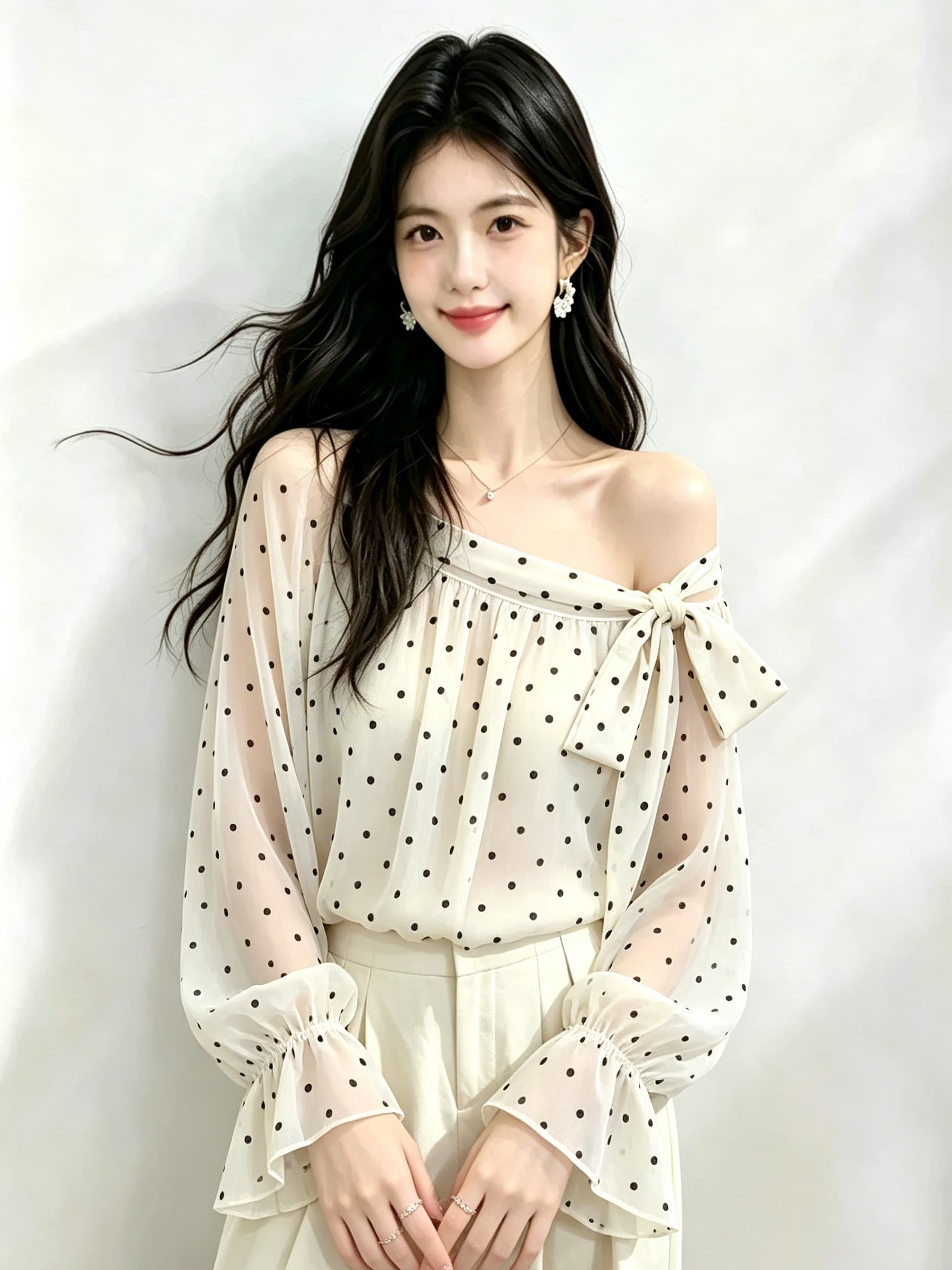 실사 지금 새로운 프랑스식 달콤함 도트 무늬 긴팔 여성 셔츠 나비 매듭 비스듬한 어깨 꽃밭 작은 셔츠 상세 이미지 2