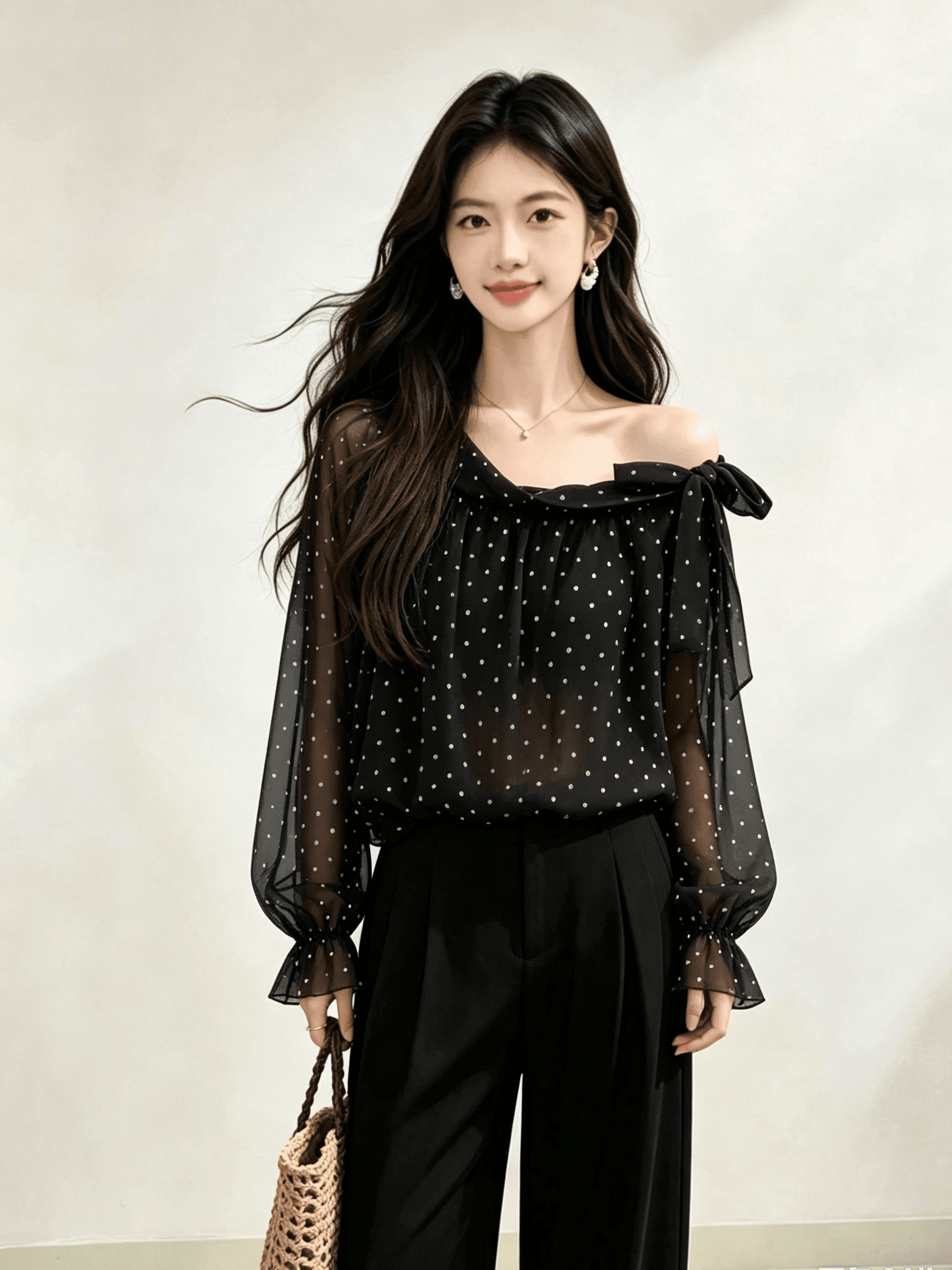 실사 지금 새로운 프랑스식 달콤함 도트 무늬 긴팔 여성 셔츠 나비 매듭 비스듬한 어깨 꽃밭 작은 셔츠 상세 이미지 3
