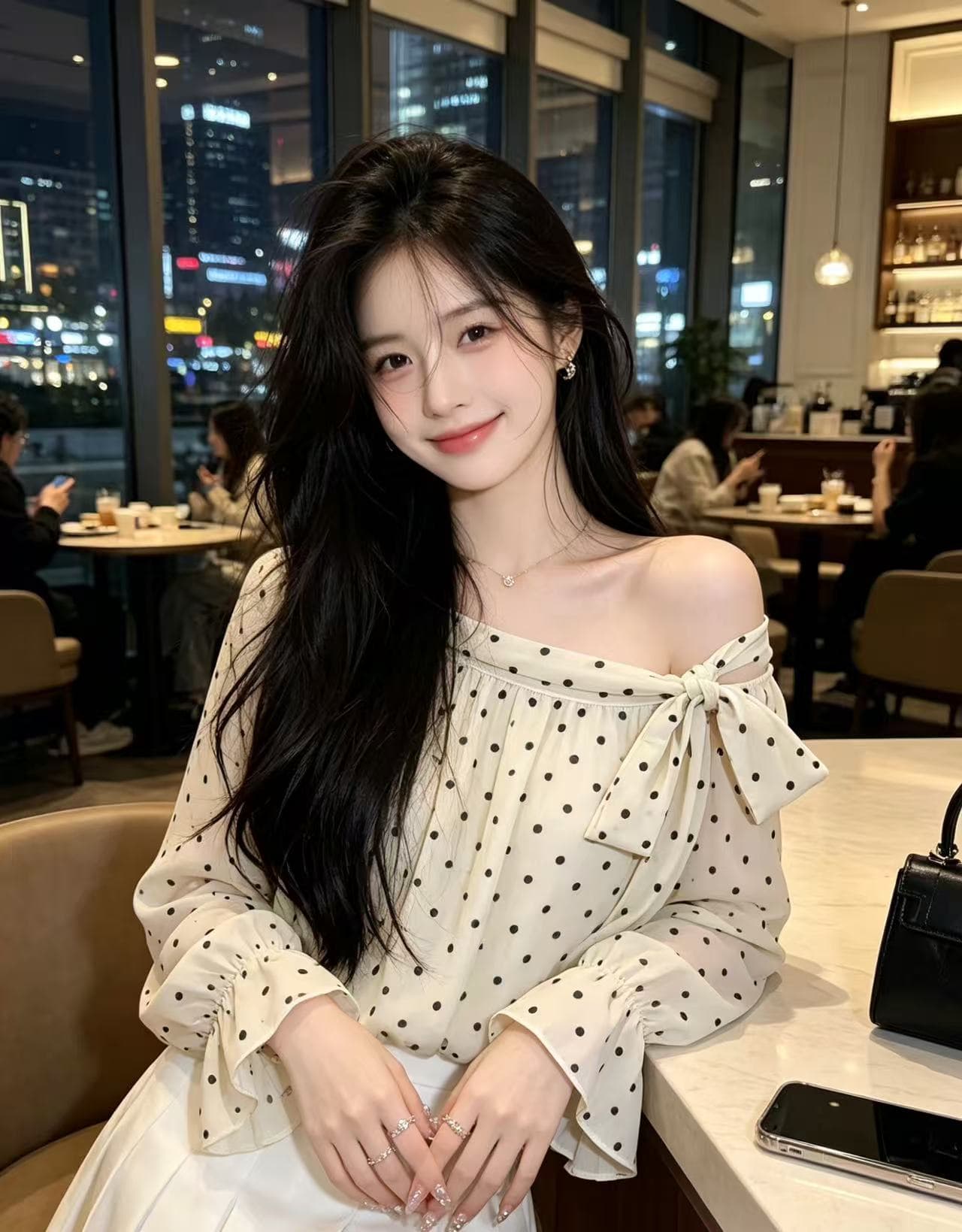 실사 지금 새로운 프랑스식 달콤함 도트 무늬 긴팔 여성 셔츠 나비 매듭 비스듬한 어깨 꽃밭 작은 셔츠 상세 이미지 4