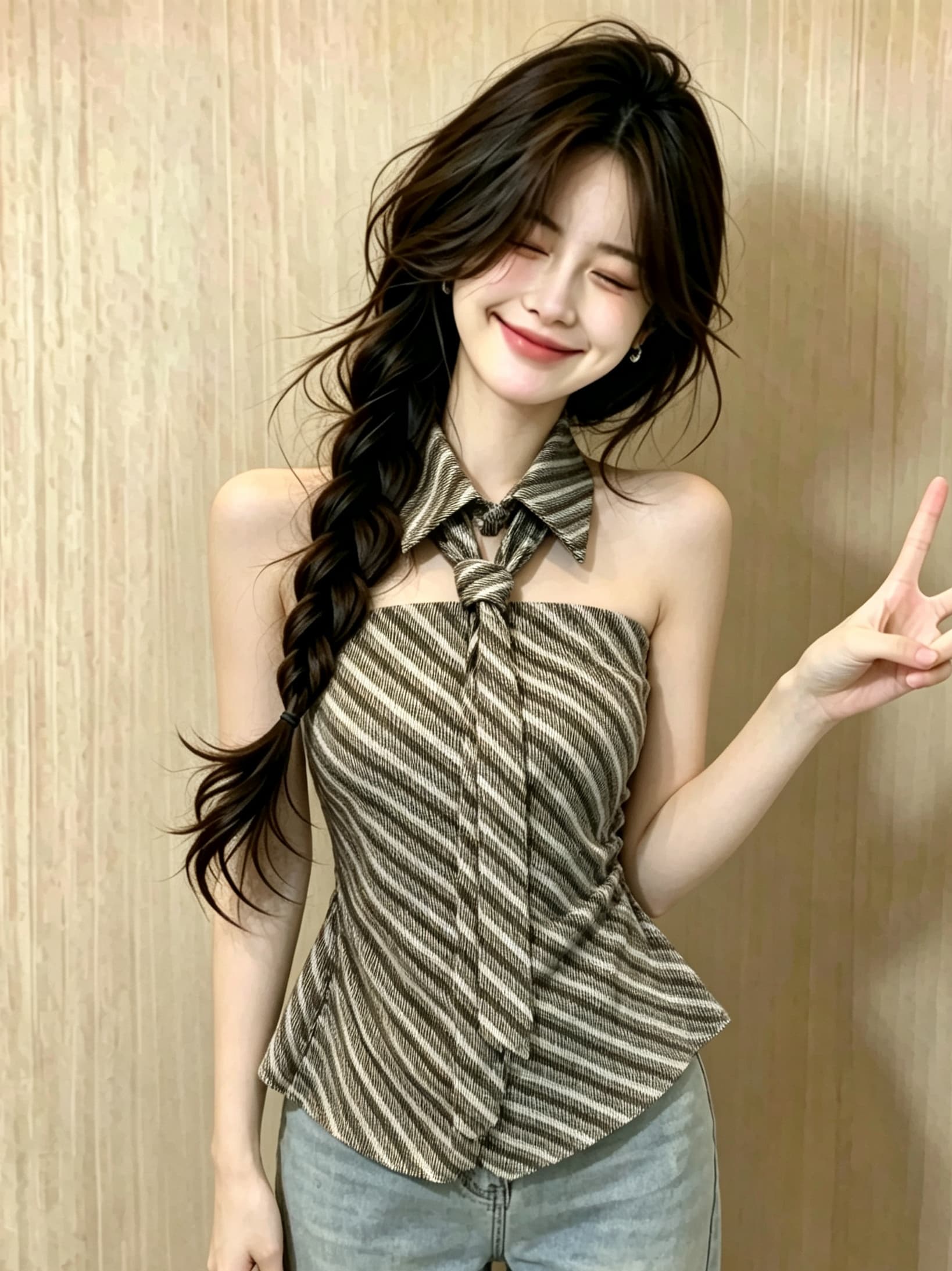민소매 행침 목 스트라이프 튜브탑 리본 조끼 몸매 가꾸기 슬림해 보이는 외국 가스 핫걸 백리스 가을 겨울 만나는 튜브탑 맨위