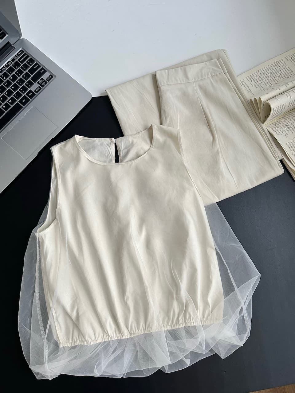 skk store 섬 오래된 돈 vibe100g 공기 센스 주간 실크 코튼 망사 조끼 작은 셔츠 치마바지 세트 여성 상세 이미지 9