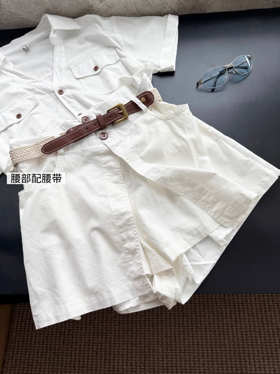 usay2026 여름 새로운 POLO 칼라 반팔 아마 올인원 바지 패치워크 반 스커트 페이크 레이어드 워크웨어 바람 벨트 상세 이미지 13