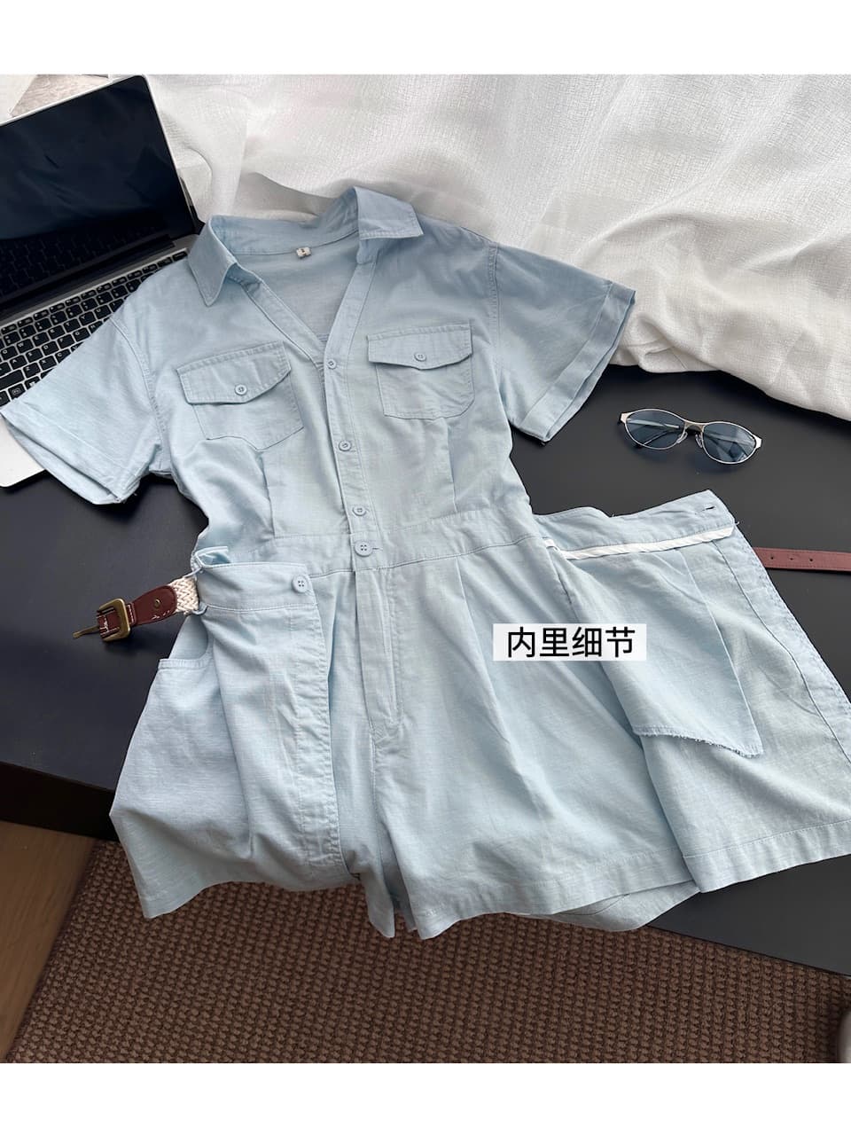 usay2026 여름 새로운 POLO 칼라 반팔 아마 올인원 바지 패치워크 반 스커트 페이크 레이어드 워크웨어 바람 벨트 상세 이미지 15
