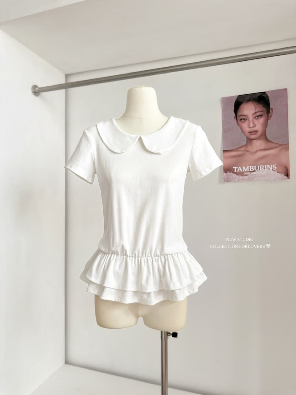송 긍정적 인 En 화이트 베이비 칼라 레이스 밑단 반팔 티셔츠 여성 여름 새로운 발레 바람 몸매 가꾸기 아름다운 맨위 상세 이미지 3
