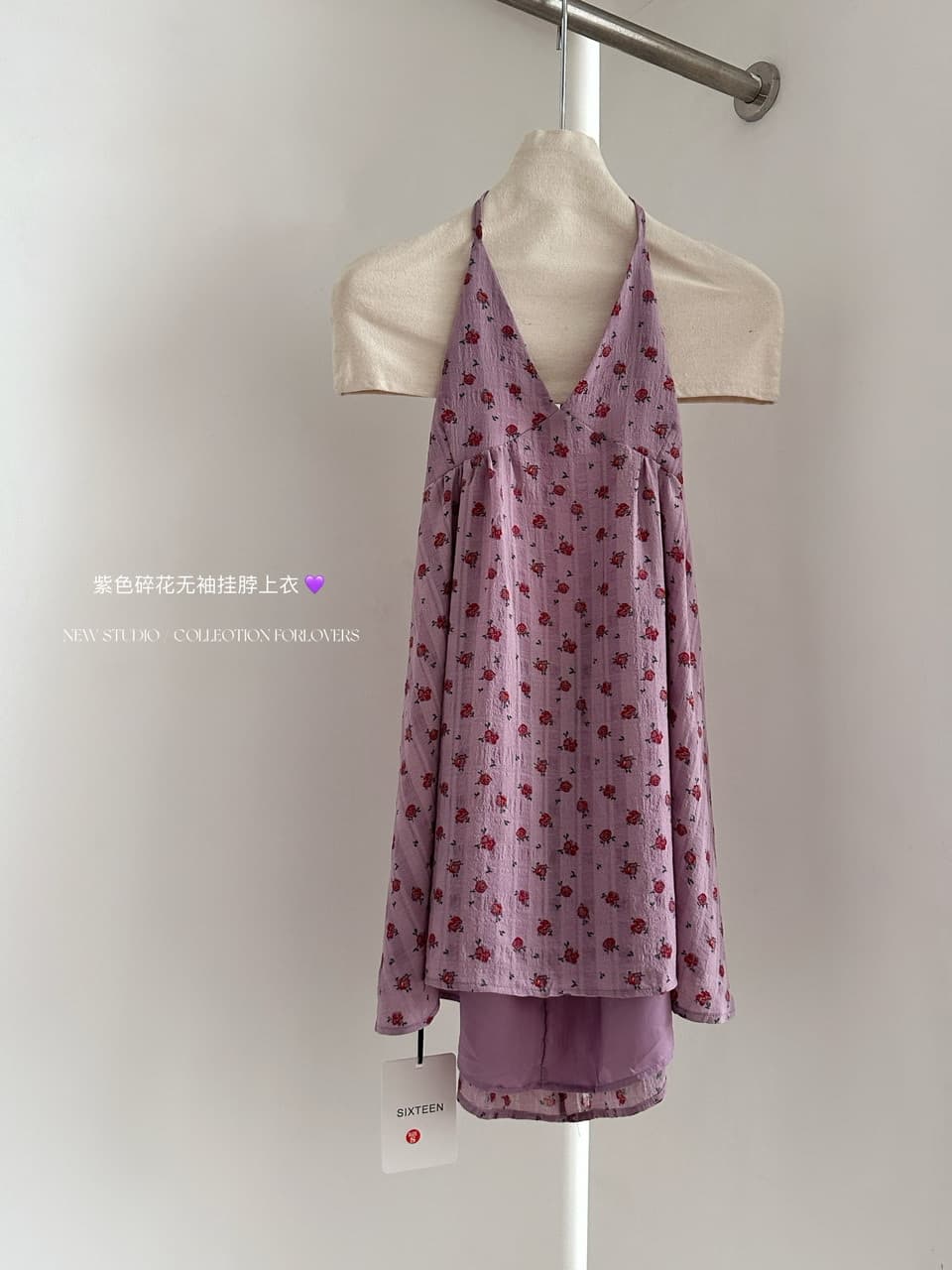 휴가 바람 보라색 꽃무늬 행침 목 캐미솔 여름 프랑스식 순수한 욕망 외출용 꼬집기 허리 몸매 가꾸기 민소매 맨위 상세 이미지 5