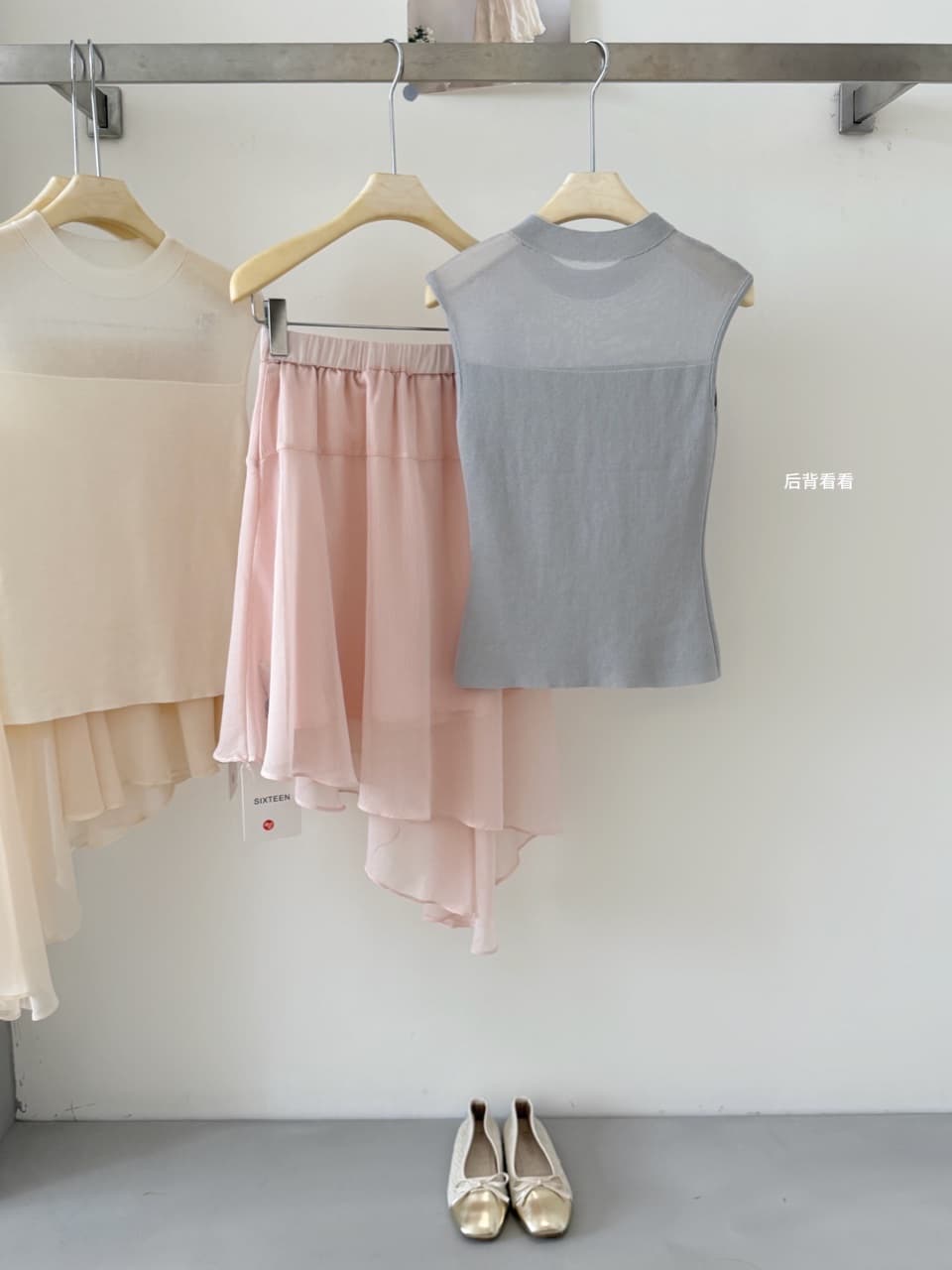 okmashop 빛 연 주형 한 부서 세트 여성 여름 몸매 가꾸기 니트 스웨터 맨위 쉬폰 반 스커트 투피스 세트 상세 이미지 10