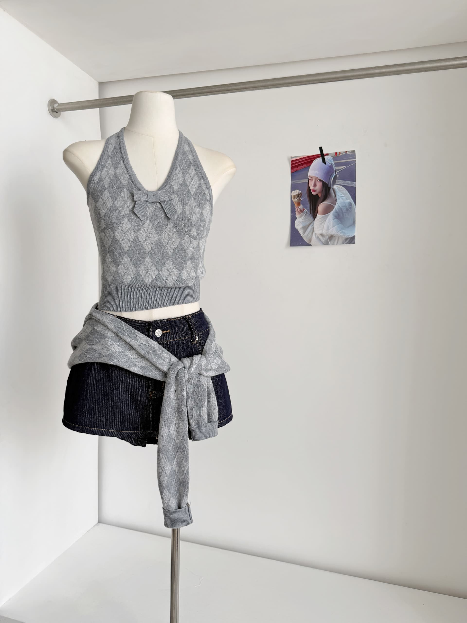 26 가을 수공 솔기 세트 나비 매듭 V넥 행침 목 니트 슬립 세트 여성 링 격자무늬 오픈 가디건 투피스 세트 이미지 3
