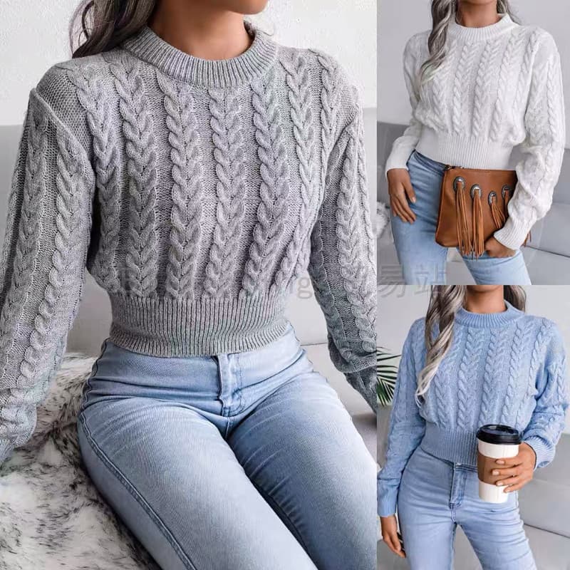 AliExpress 아마존 몸매 가꾸기 꽈배기 스웨터 가을 얇은 스타일 한국 스타일 라운드 넥 허리 만나는 니트 스웨터 맨위 상세 이미지 2