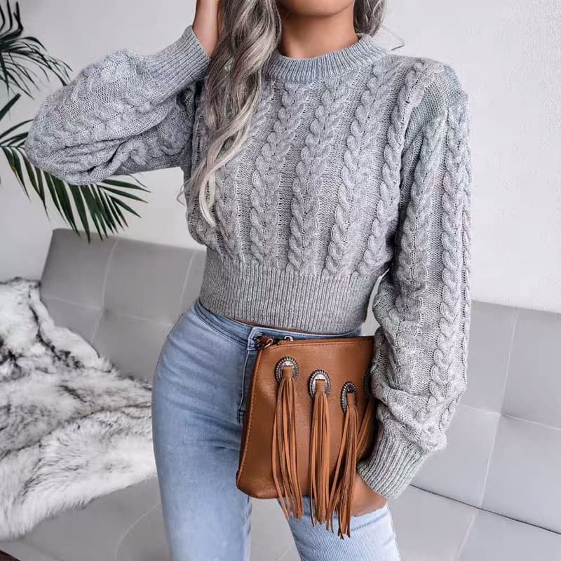 AliExpress 아마존 몸매 가꾸기 꽈배기 스웨터 가을 얇은 스타일 한국 스타일 라운드 넥 허리 만나는 니트 스웨터 맨위 상세 이미지 3