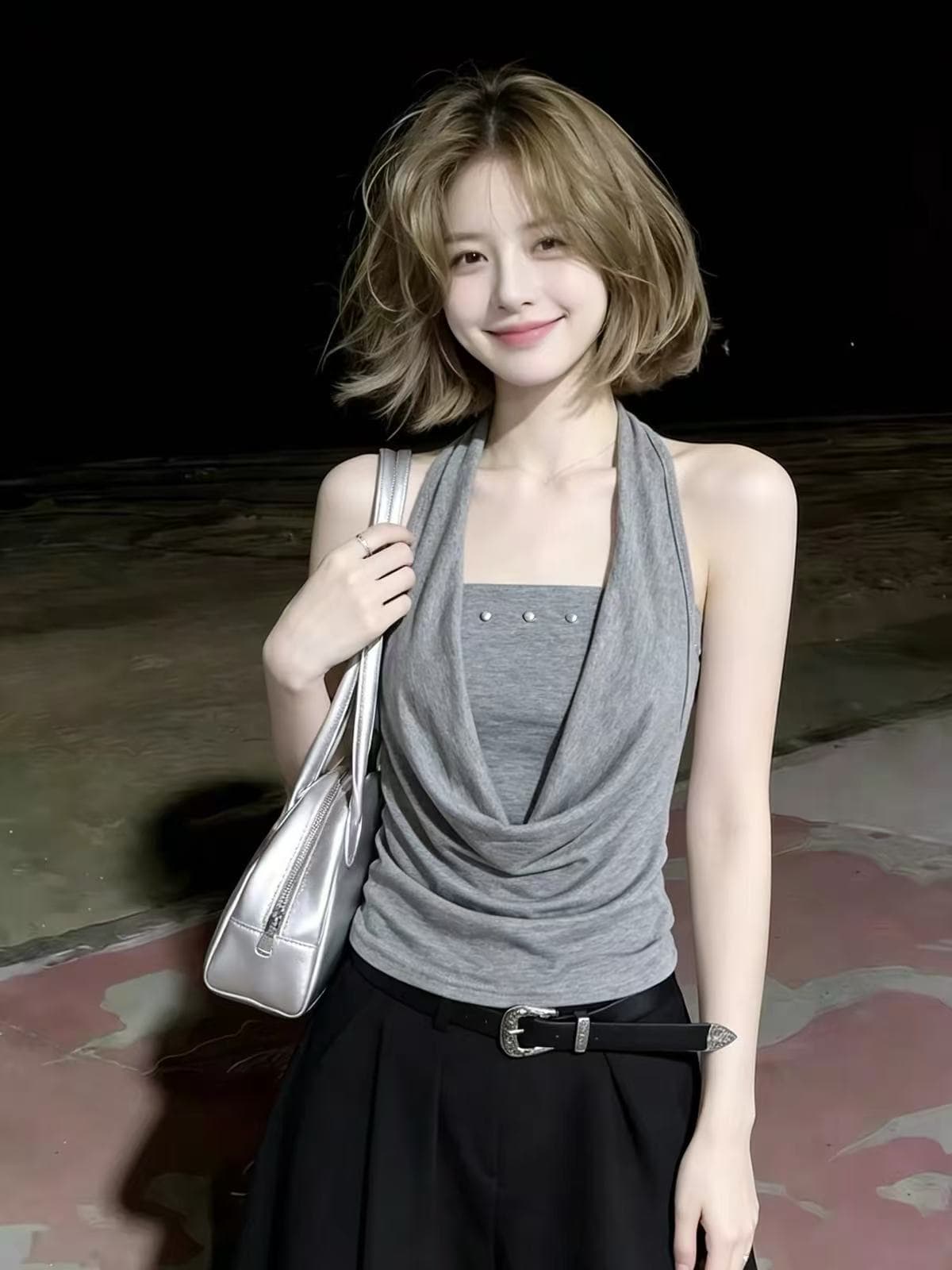 핫걸 흔들다 칼라 페이크 레이어드 행침 목 회색 캐미솔 여름 외출용 백리스 징 디자인 센스 민소매 맨위 이미지 3