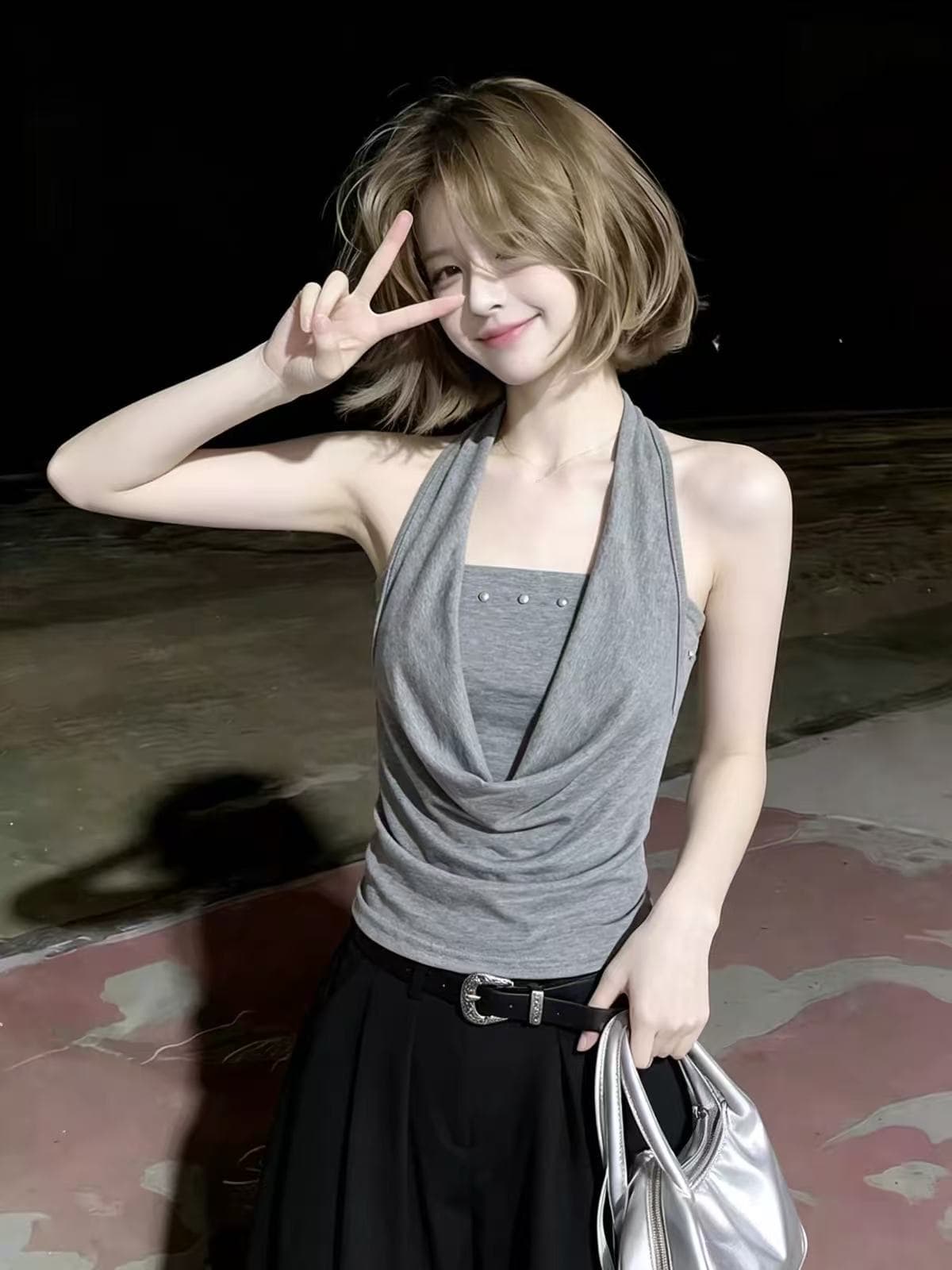 핫걸 흔들다 칼라 페이크 레이어드 행침 목 회색 캐미솔 여름 외출용 백리스 징 디자인 센스 민소매 맨위 이미지 4