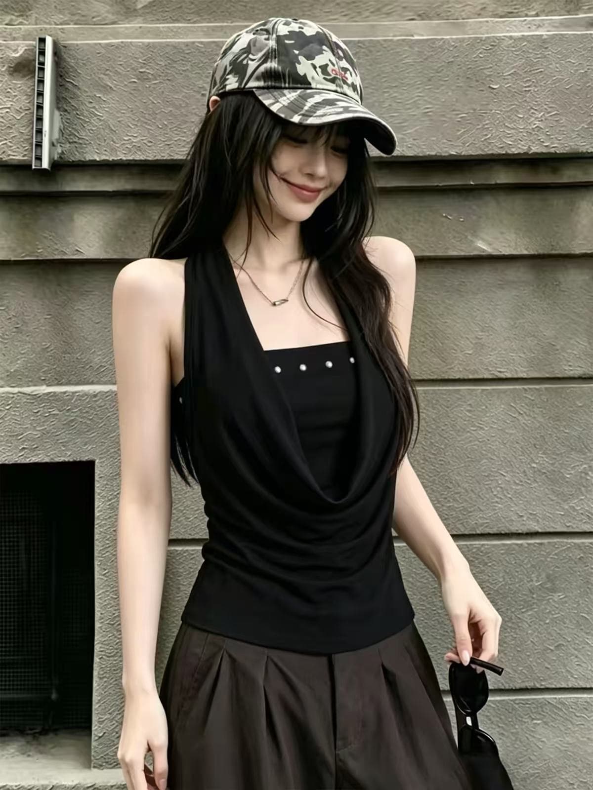 핫걸 흔들다 칼라 페이크 레이어드 행침 목 회색 캐미솔 여름 외출용 백리스 징 디자인 센스 민소매 맨위 상세 이미지 1