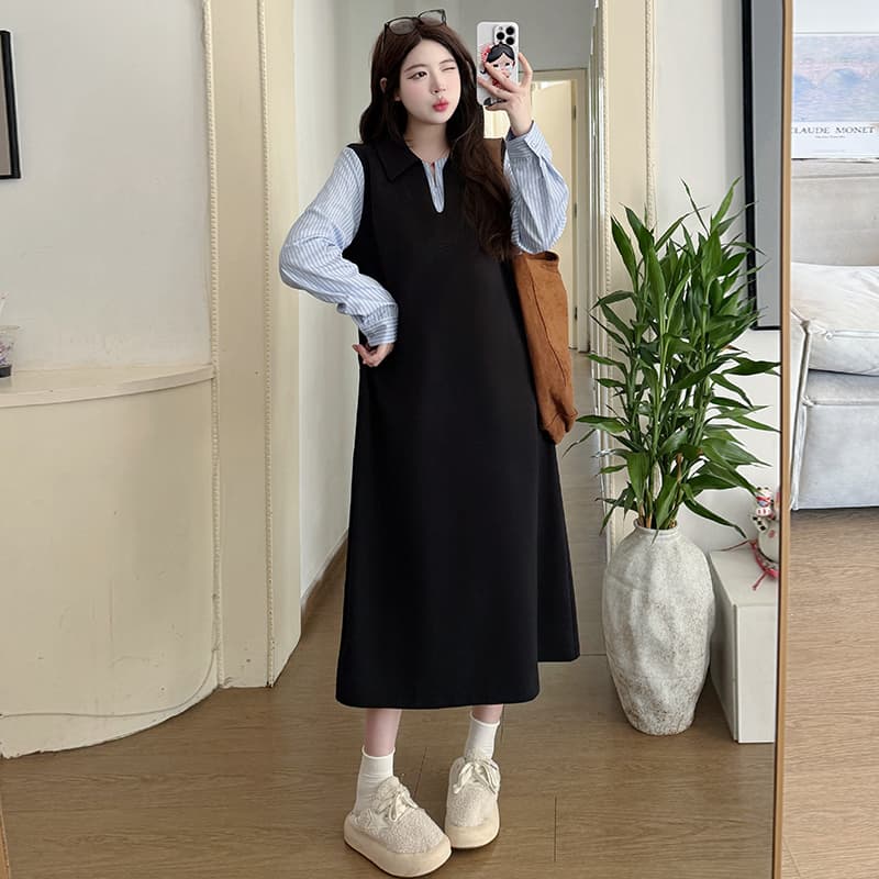 2026 새로운 봄 캐주얼 다용도 드레스 패치워크 스트라이프 롱 코트 임산부 드레스 이미지 4