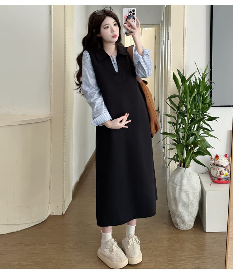 2026 새로운 봄 캐주얼 다용도 드레스 패치워크 스트라이프 롱 코트 임산부 드레스 상세 이미지 14