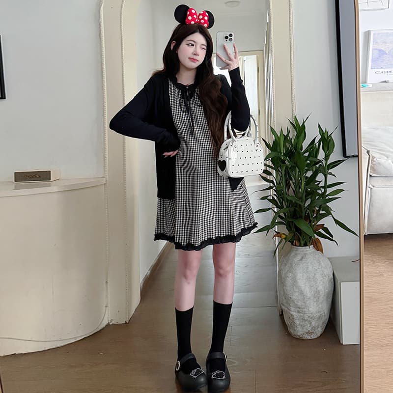 실사 새로운 2026 봄 레이스 체크무늬 조끼 스커트 오픈 가디건 캐주얼 다용도 임산부 투피스 세트 세트 이미지 4