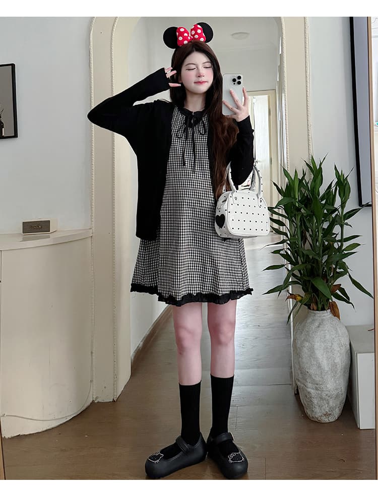 실사 새로운 2026 봄 레이스 체크무늬 조끼 스커트 오픈 가디건 캐주얼 다용도 임산부 투피스 세트 세트 상세 이미지 16