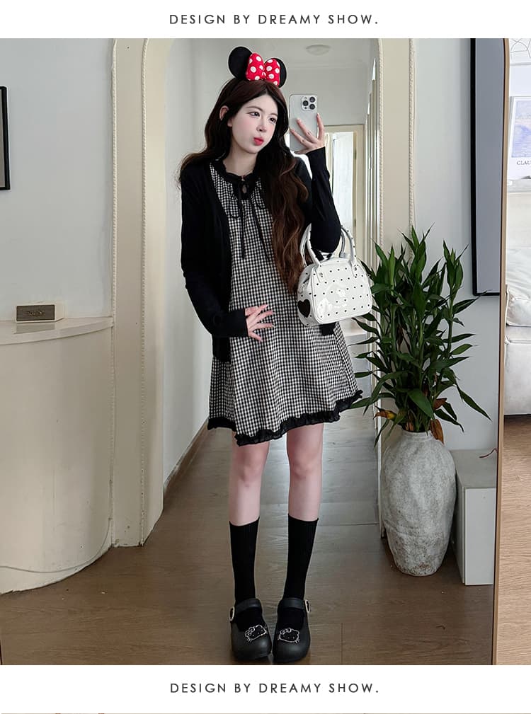 실사 새로운 2026 봄 레이스 체크무늬 조끼 스커트 오픈 가디건 캐주얼 다용도 임산부 투피스 세트 세트 상세 이미지 17