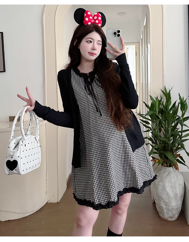 실사 새로운 2026 봄 레이스 체크무늬 조끼 스커트 오픈 가디건 캐주얼 다용도 임산부 투피스 세트 세트 상세 이미지 22