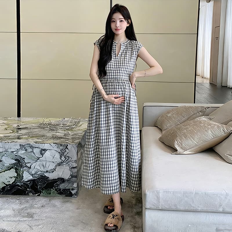 2026 새로운 여름 출산 착용 캐주얼 V넥 레이스업 체크무늬 허리 수축 롱 스커트 루즈핏 임산부 드레스 이미지 4