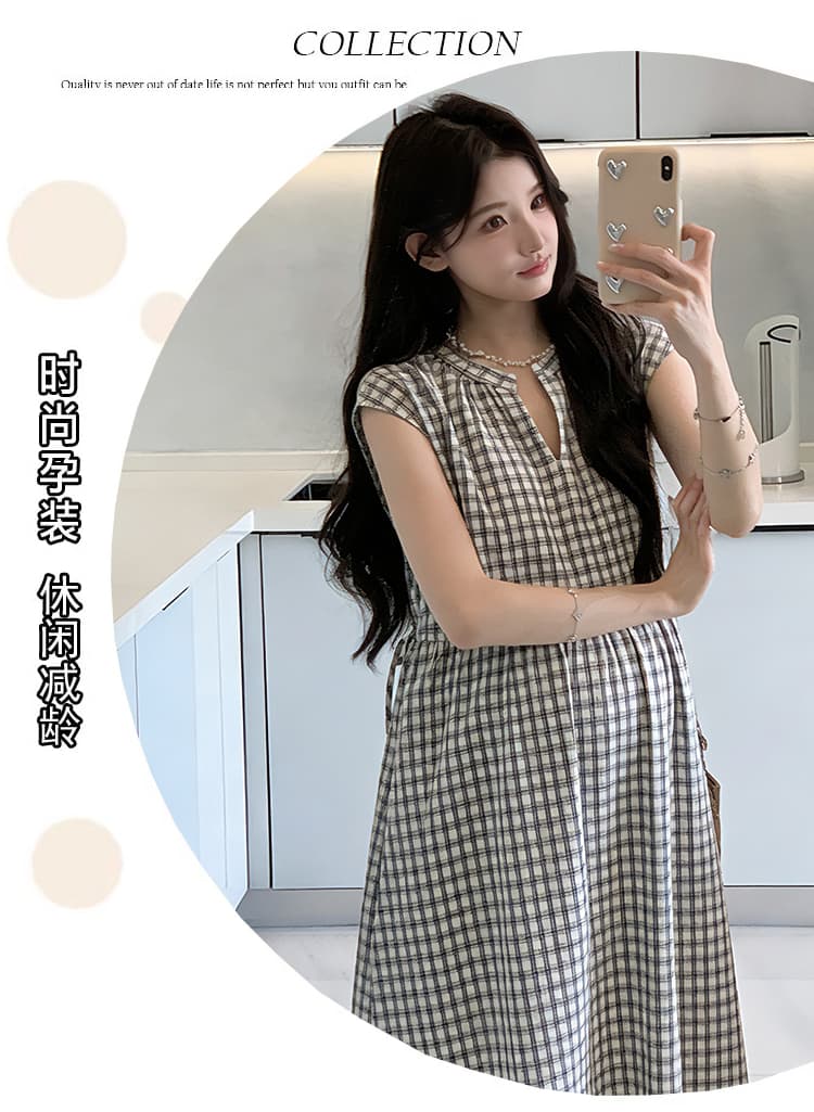 2026 새로운 여름 출산 착용 캐주얼 V넥 레이스업 체크무늬 허리 수축 롱 스커트 루즈핏 임산부 드레스 상세 이미지 3