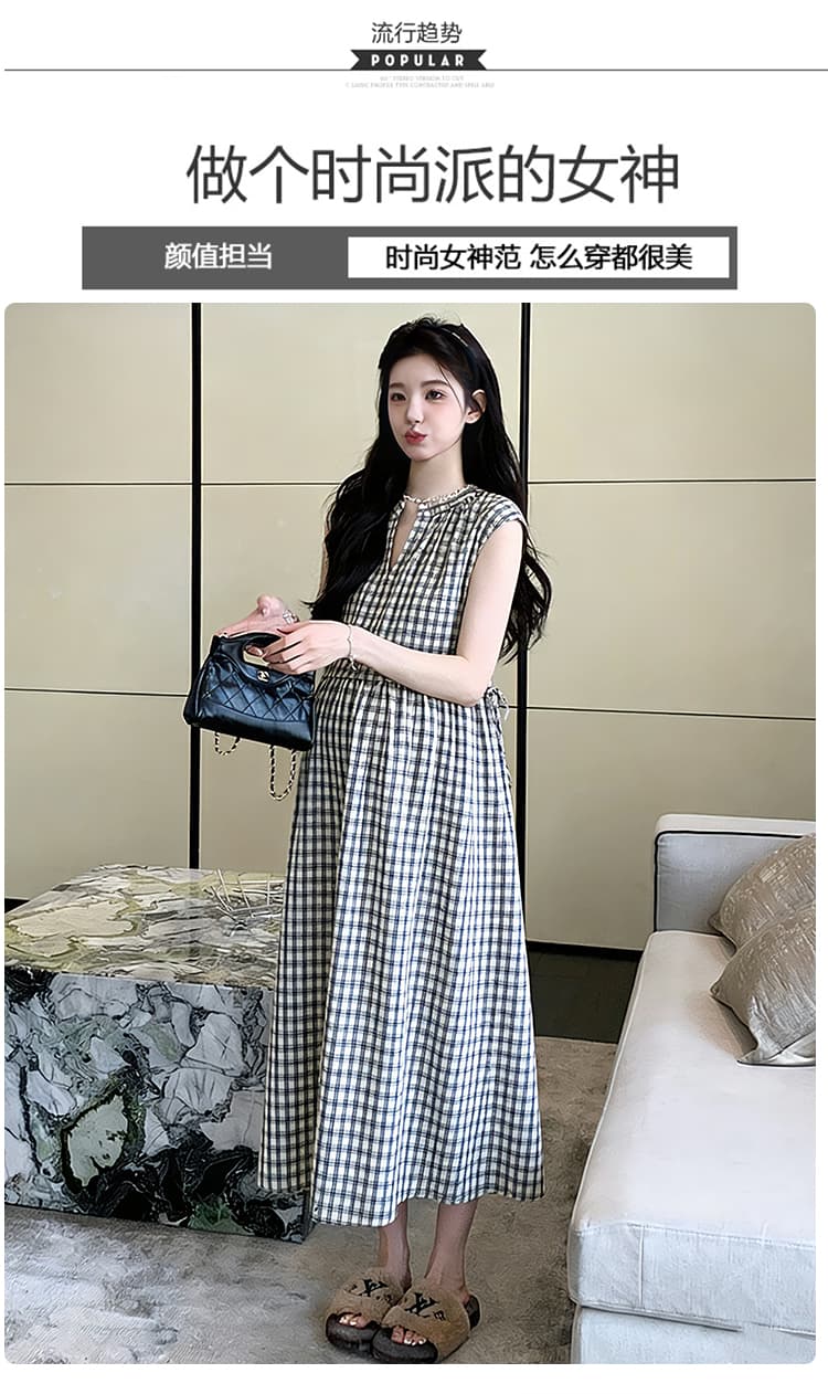 2026 새로운 여름 출산 착용 캐주얼 V넥 레이스업 체크무늬 허리 수축 롱 스커트 루즈핏 임산부 드레스 상세 이미지 4
