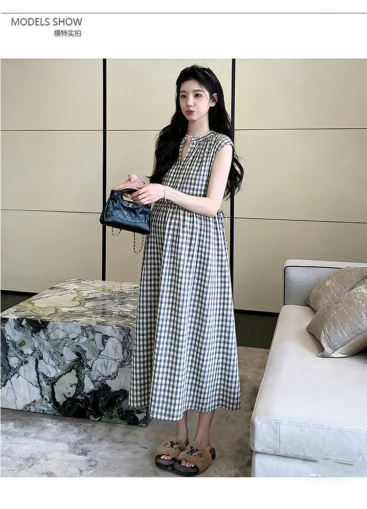 2026 새로운 여름 출산 착용 캐주얼 V넥 레이스업 체크무늬 허리 수축 롱 스커트 루즈핏 임산부 드레스 상세 이미지 10