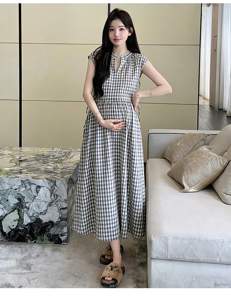 2026 새로운 여름 출산 착용 캐주얼 V넥 레이스업 체크무늬 허리 수축 롱 스커트 루즈핏 임산부 드레스 상세 이미지 12