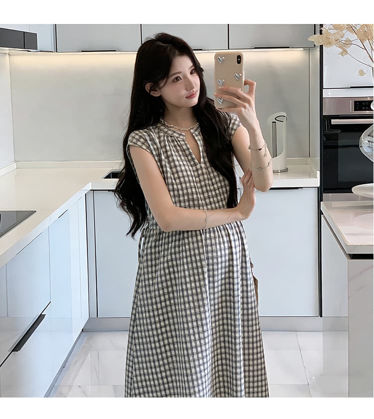 2026 새로운 여름 출산 착용 캐주얼 V넥 레이스업 체크무늬 허리 수축 롱 스커트 루즈핏 임산부 드레스 상세 이미지 14