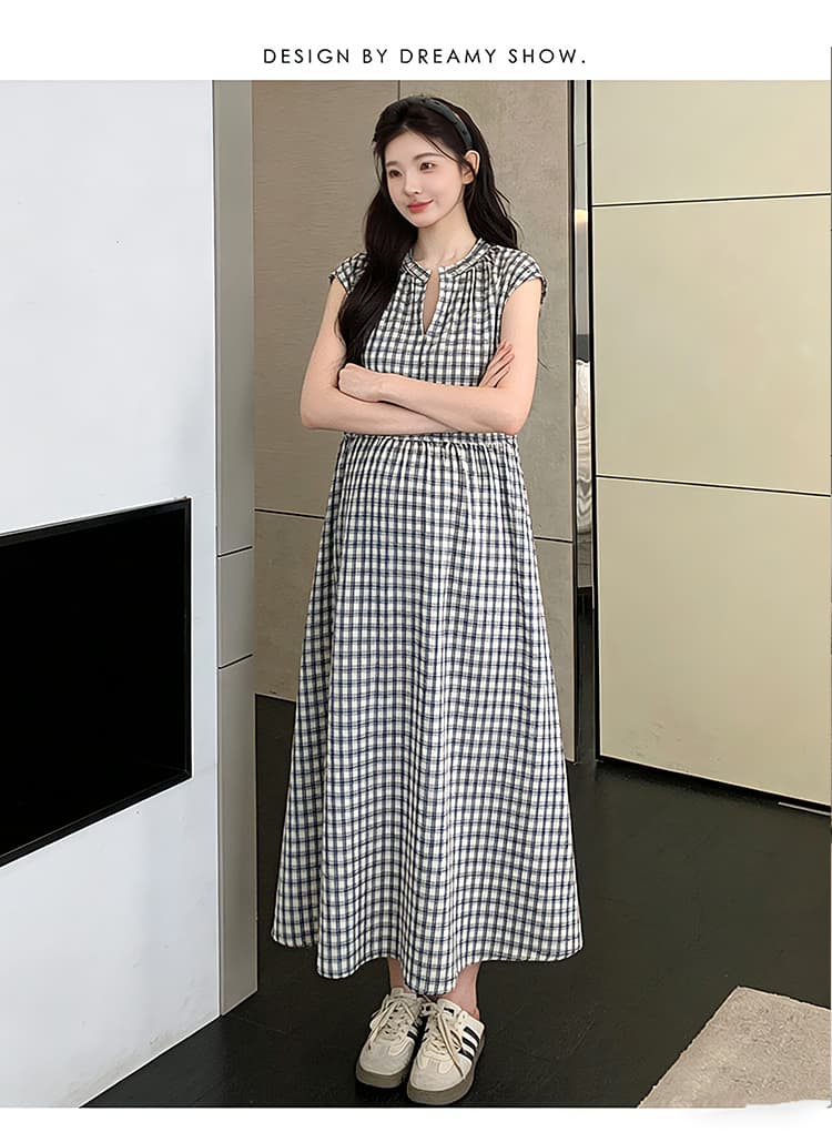 2026 새로운 여름 출산 착용 캐주얼 V넥 레이스업 체크무늬 허리 수축 롱 스커트 루즈핏 임산부 드레스 상세 이미지 17